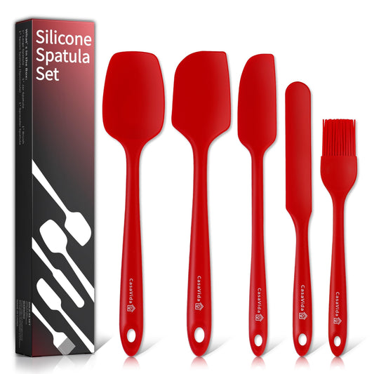 CasaVida Silicone Spatula Set 5pcs Red High Heat Resistant Non Stick Bakery Flexible BPA Free Dishwasher Safe Kitchen Utensils Bakeware Cookware Baking Mixing One-piece Seamless Spatula Set
