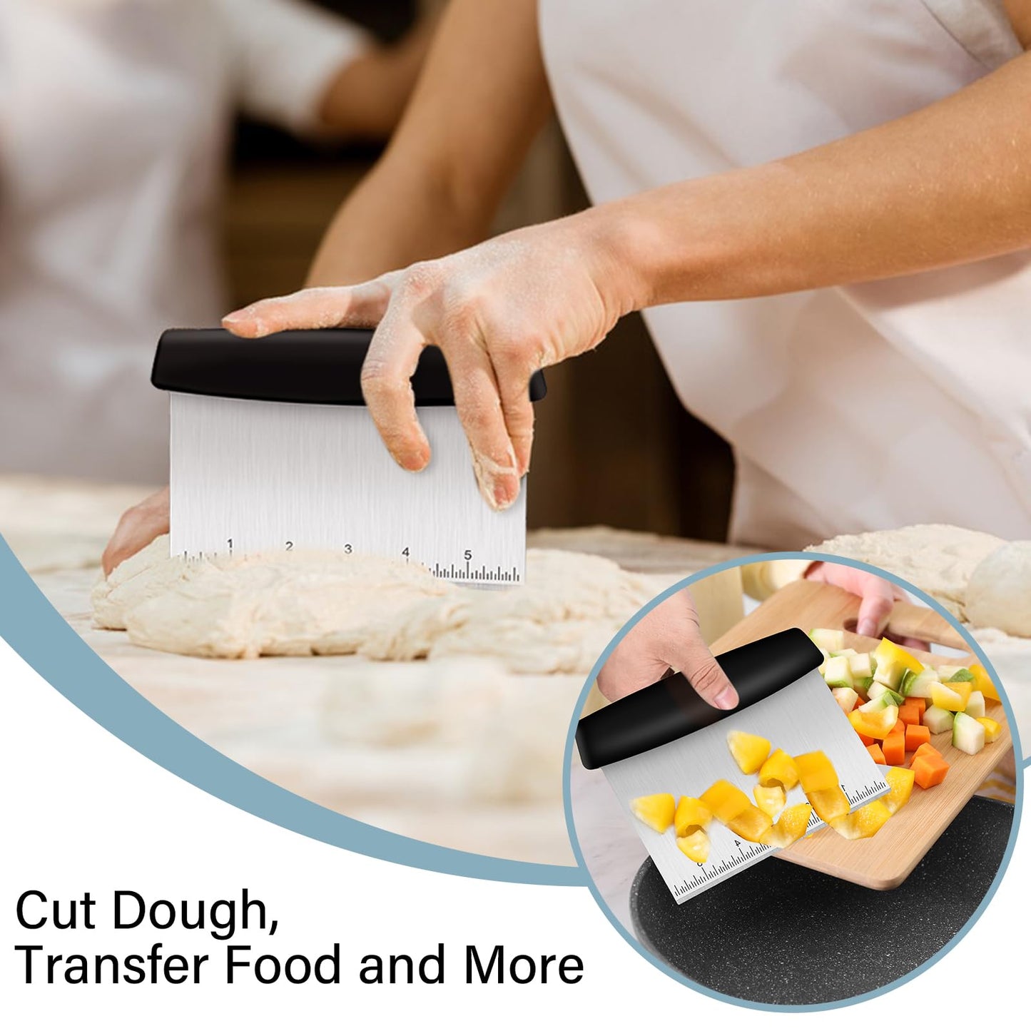 Ecavria Bench Scraper, Premium Stainless Steel Dough Scraper with 2 PCS Flexible Bowl Scraper, Dough Cutter with Measuring Scale, Versatile Kitchen Scraper Set for Pastry Bread Pizza Cake
