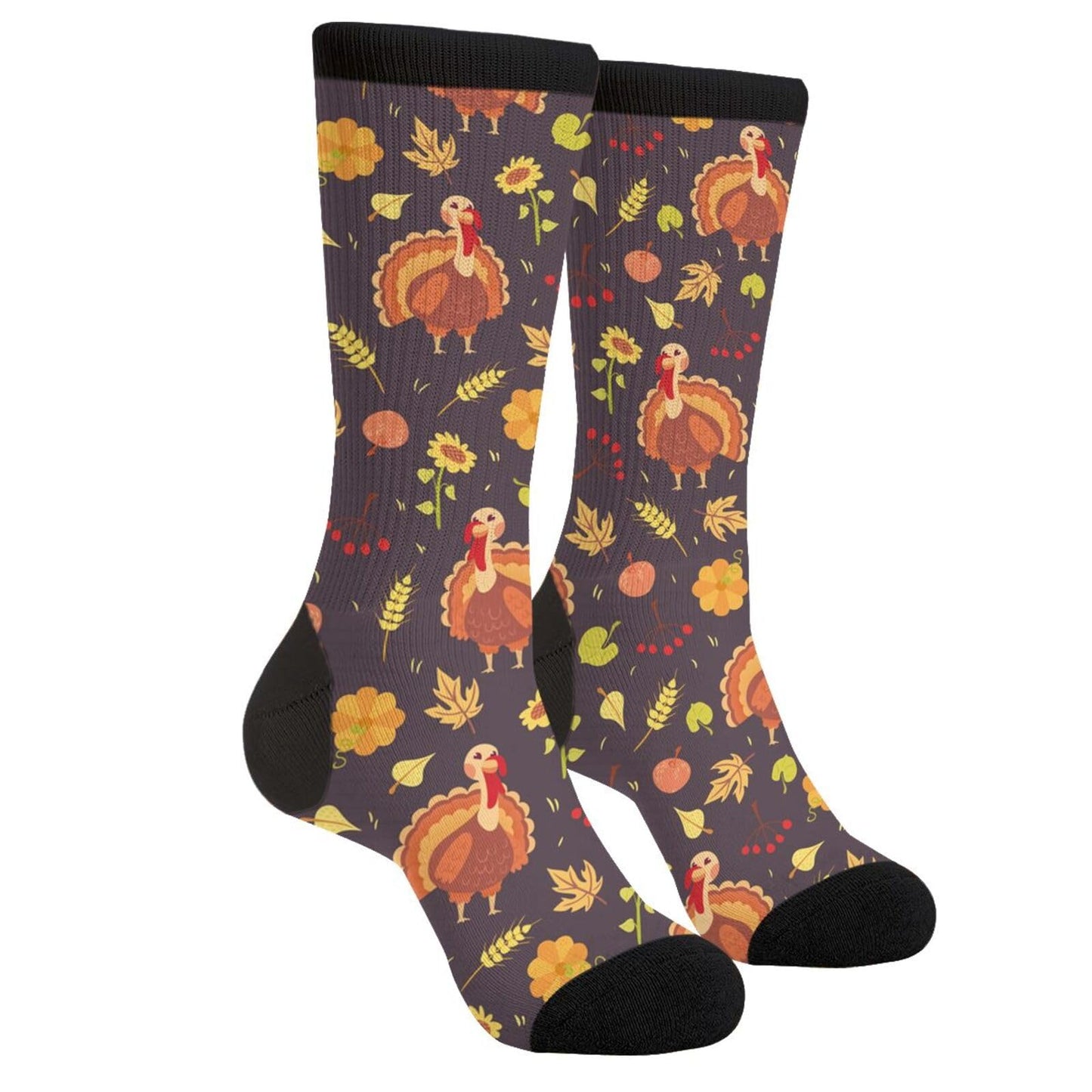 Thanksgiving Day Turkey Bird Fall Autumn Leaves Novelty Fun Crew Socks Fashion Comfortable Men And Women Crazy Dress Socks 16 In