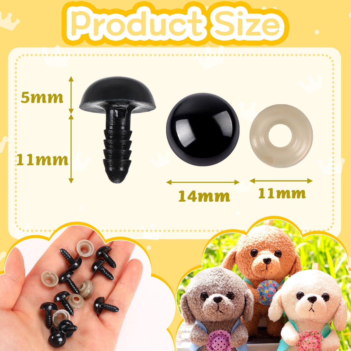 UPINS 600 Pieces 14MM Safety Eyes with Washers Black Plastic Safety Eyes for Amigurumi Doll Crochet Eyes for DIY Crafts Stuffed Animals Making Supplies