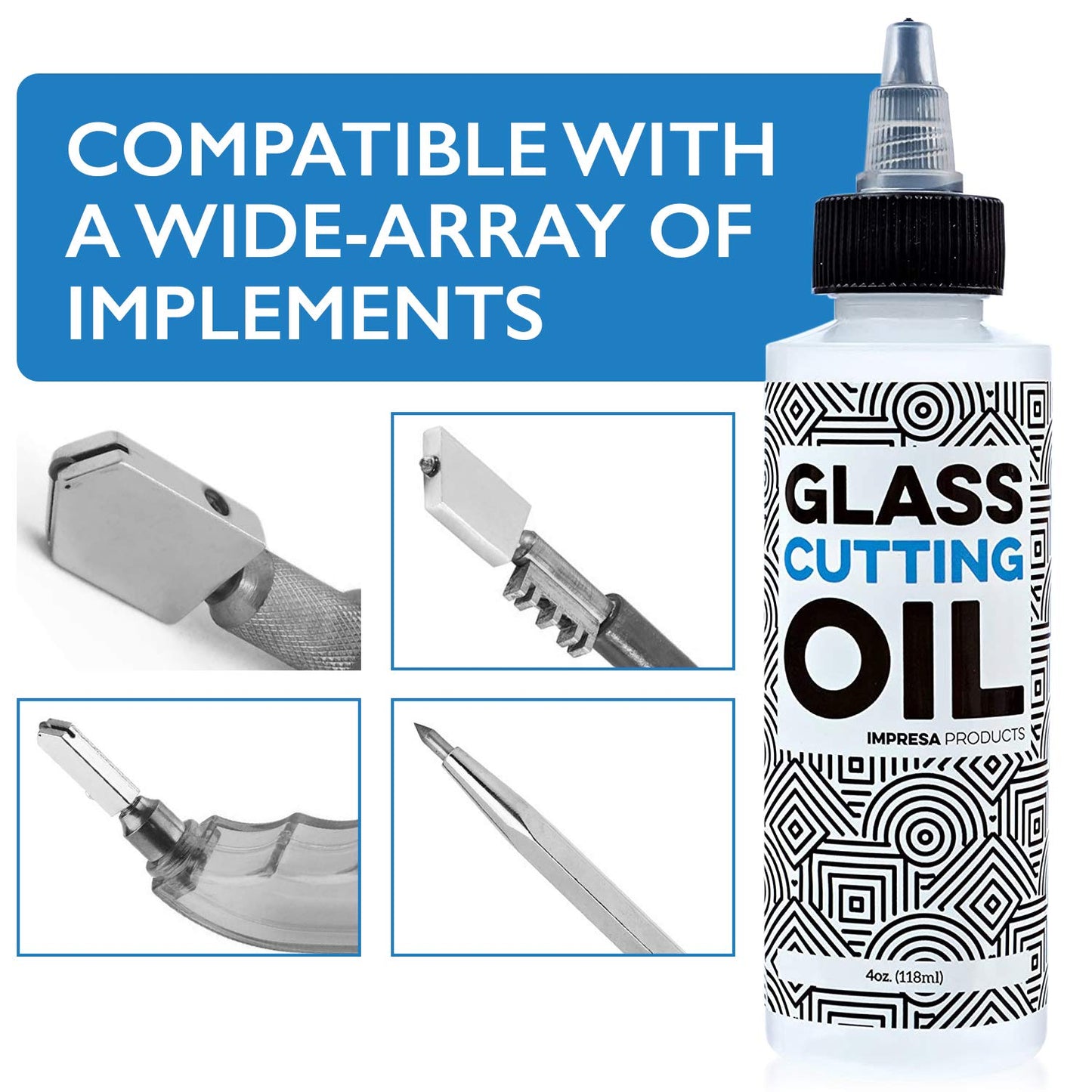 Impresa Glass Cutting Oil with Precision Application Top - 4 oz - Great for Stained Glass, Bottles, Tiles, and Mirrors - Custom-Formulated for Various Glass Cutting Tools and Applications