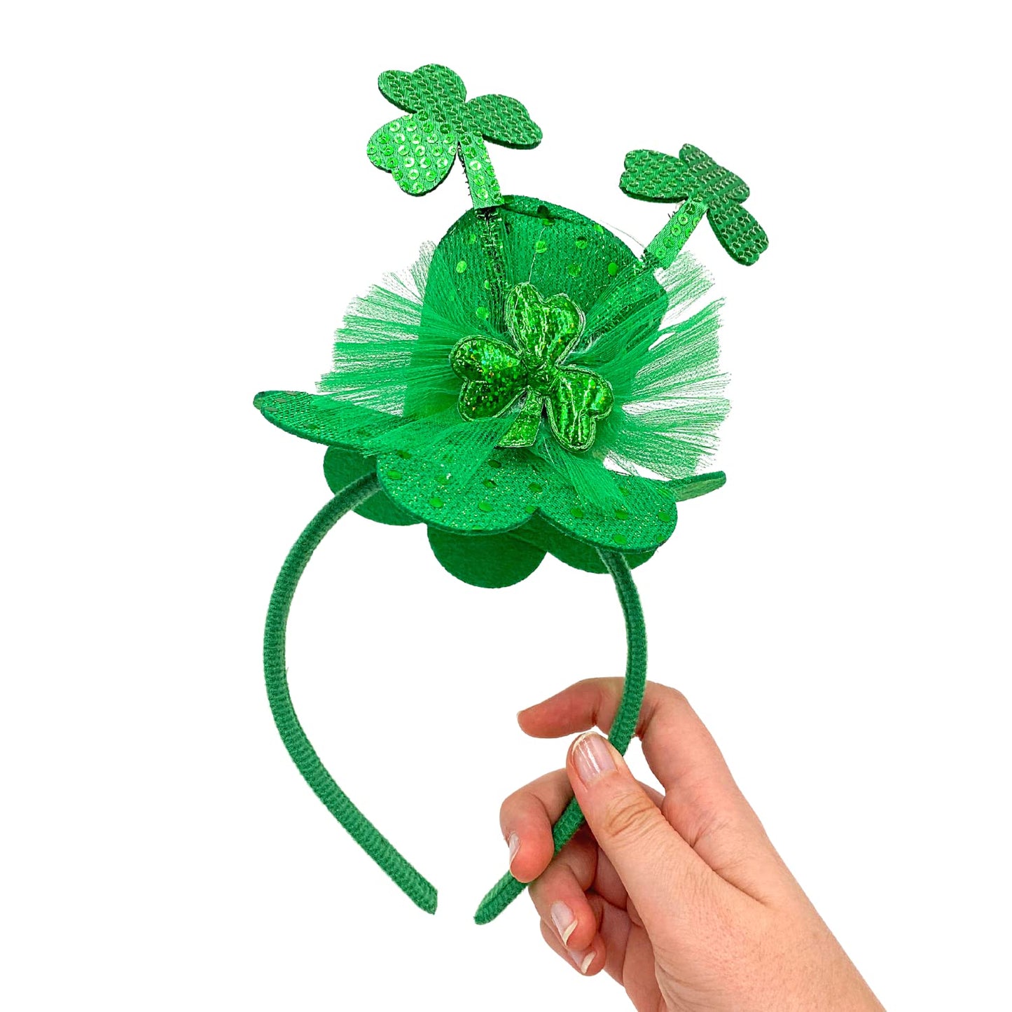Little Top Hat St. Patrick's Sequin Headband, Green Hair Accessory With Clovers and Tulle for Holidays and Themed Parties, One Size Fits Most (Top Hat with Clovers and Tulle)