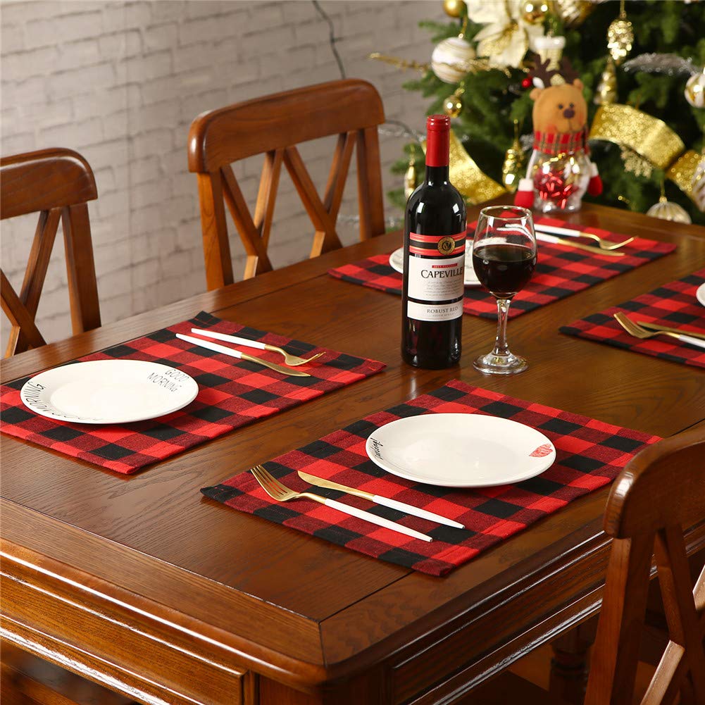 Christmas Buffalo Plaid Placemats Set of 4, Polyester & Burlap Reversible Red and Black Buffalo Check Place Mats Christmas Dining Table Decorations,12”x17”