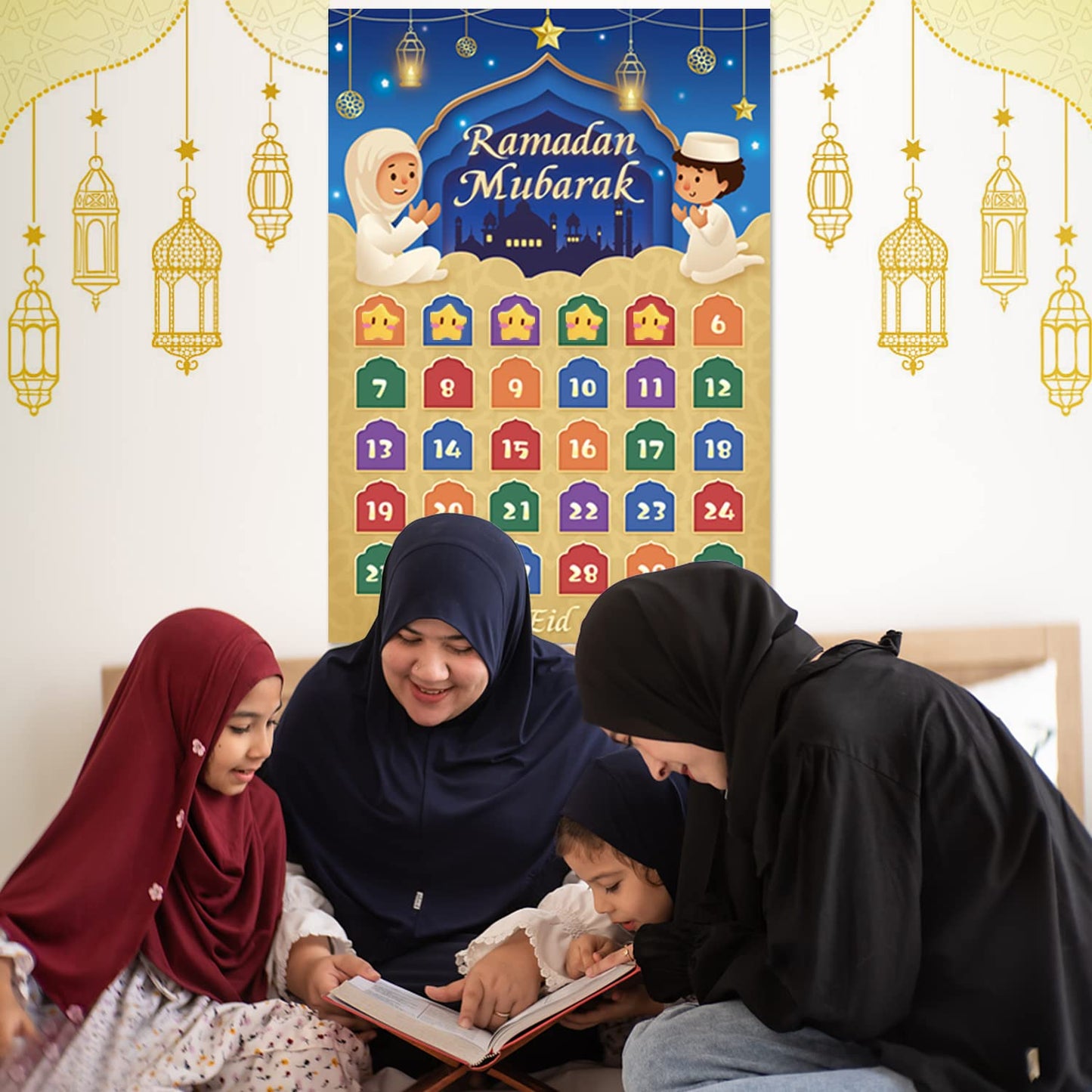AhfuLife Ramadan Eid Mubarak Countdown Calendar Decoration for Kids, 2025 Eid Mubarak Gift Decorations, 30 Days and 30 Reusable Stars Eid Countdown Poster Wallchart for Home Kids Gift
