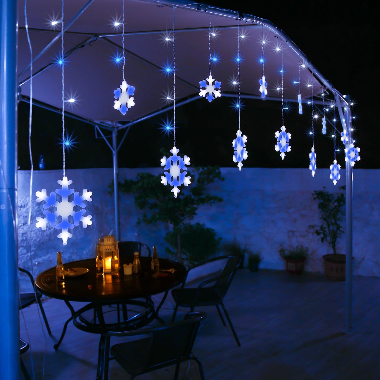 Christmas Snowflake Lights Outdoor, 17.22ft 264 LED Snowflake Icicle Lights with 22 Drops, Connectable, 8 Modes Waterproof Christmas Light for Eaves, Window, Xmas Decor - White & Blue