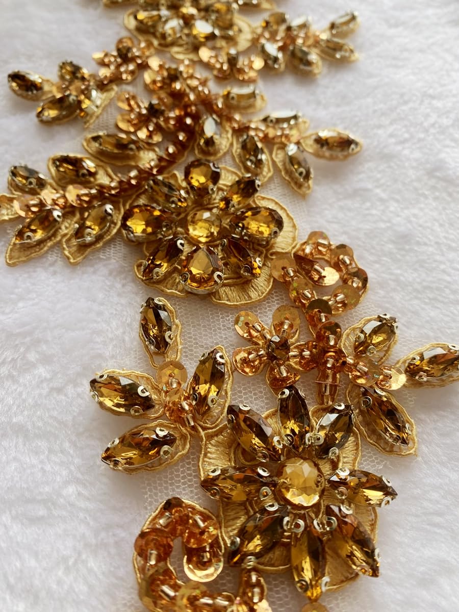 Zbroh Handmade red/White//Green/Blue Rhinestones Applique Sewing Beads Stones Trim lace Patches Accessory for Dress Clothes one Pair (Champagne)