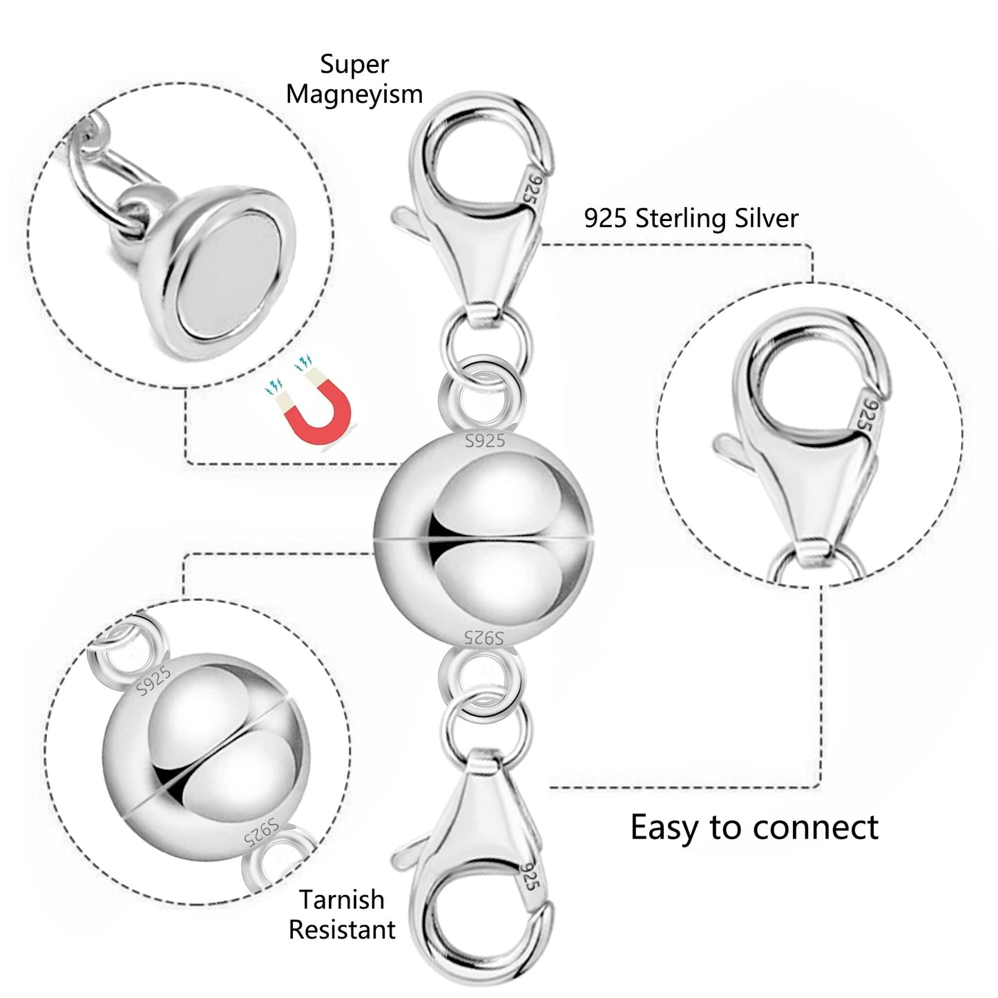 925 Sterling Silver Double Lobster Clasp Magnetic Necklace Jewelry Clasps and Closures Sterling Silver Double Bracelet Necklace Clasp