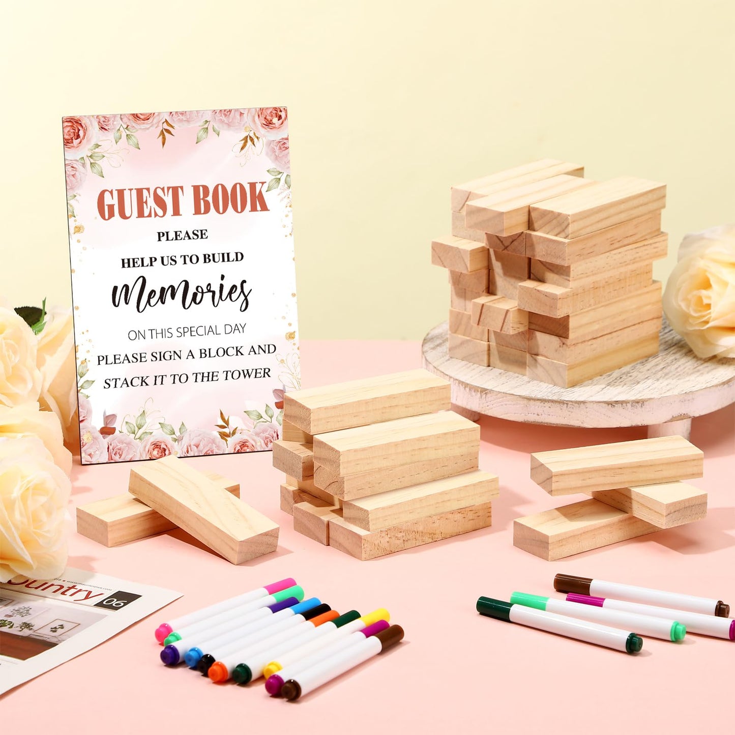 80 Pcs Wedding Guest Book Alternative Wooden Block Guest Book for Wedding Sign in Bridal Shower Decoration Wooden Block Bridal Shower Game for Sign in, Reception(Floral)
