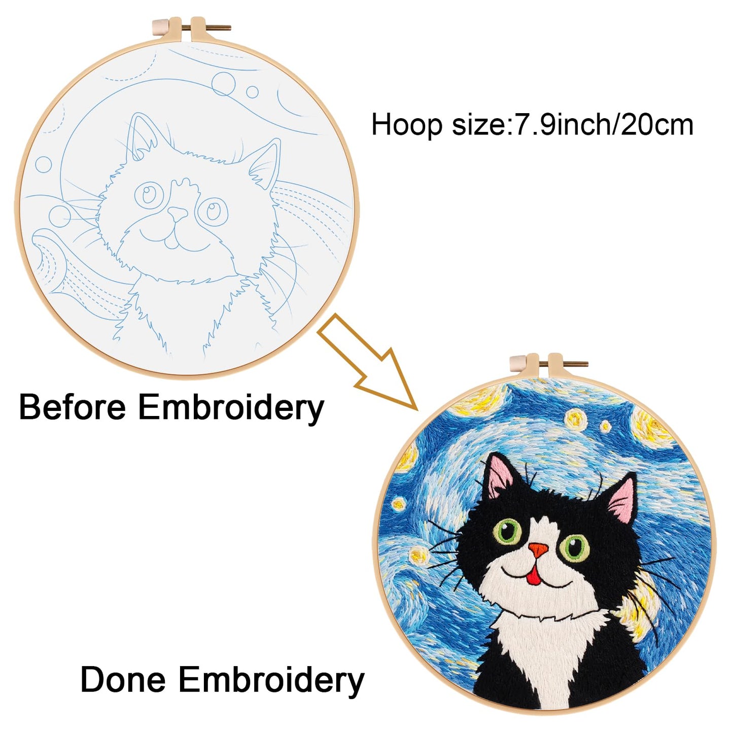 Louise Maelys Cat Starry Sky Embroidery Kits for Beginners with Floral Pattern,Adults Starter Cross Stitch Kit DIY Needlepoint