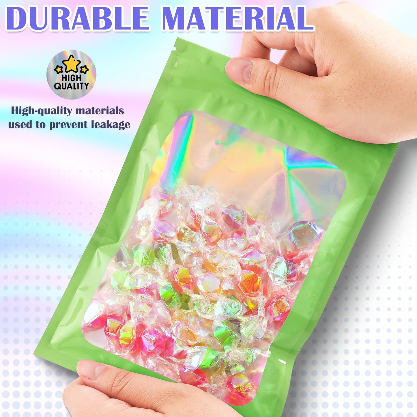 JETMORE 300 Pcs Mylar Bags, Smell Proof Bags Foil Pouch, Holographic Resealable Bags for Small Business, Candy Sample Jewelry Bag Sealable Packaging for Party Favor Food Storage (2.4x3.9in-Green)