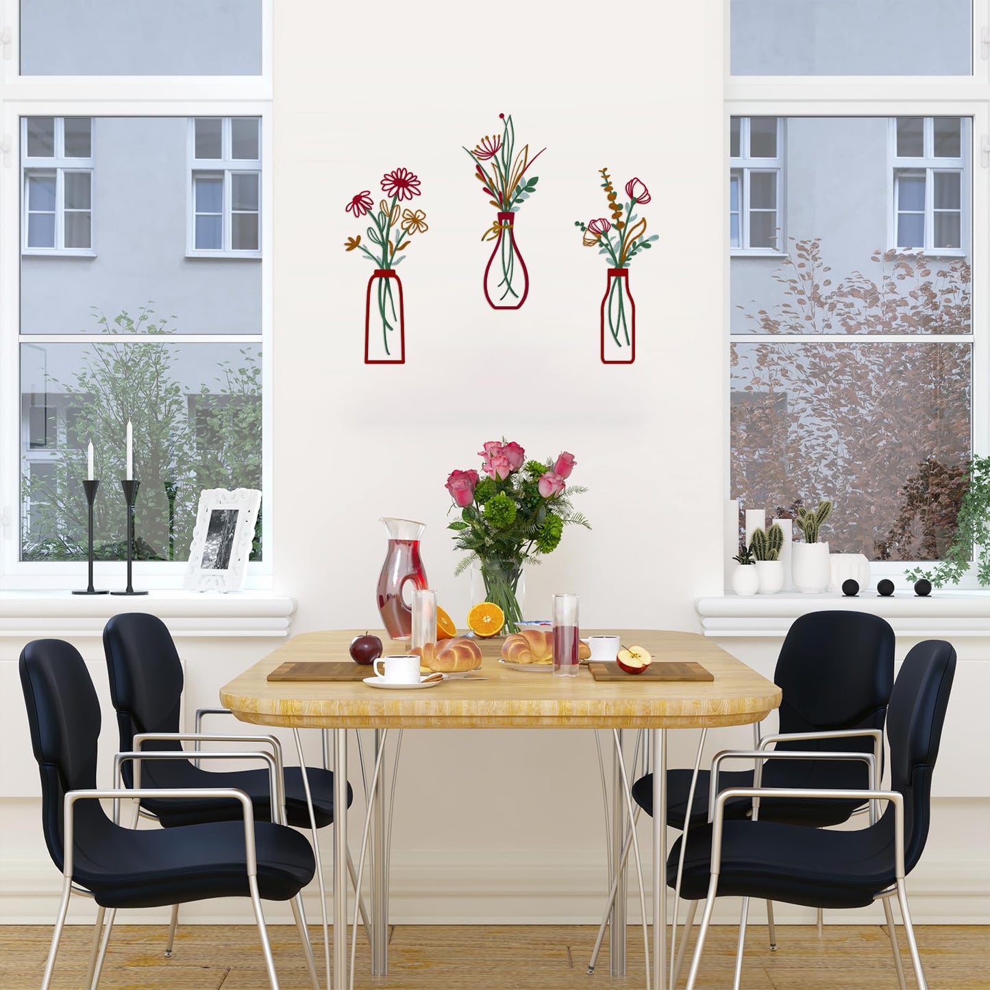 3 Pieces Metal Vase Flowers Wall Arts - Rustic Farmhouse Style Décor Metal Wall Art Black Minimalist Flower Natural Themed Wall Decors for Home Bedroom Dining Room Housewarming (Red, Vase-C)