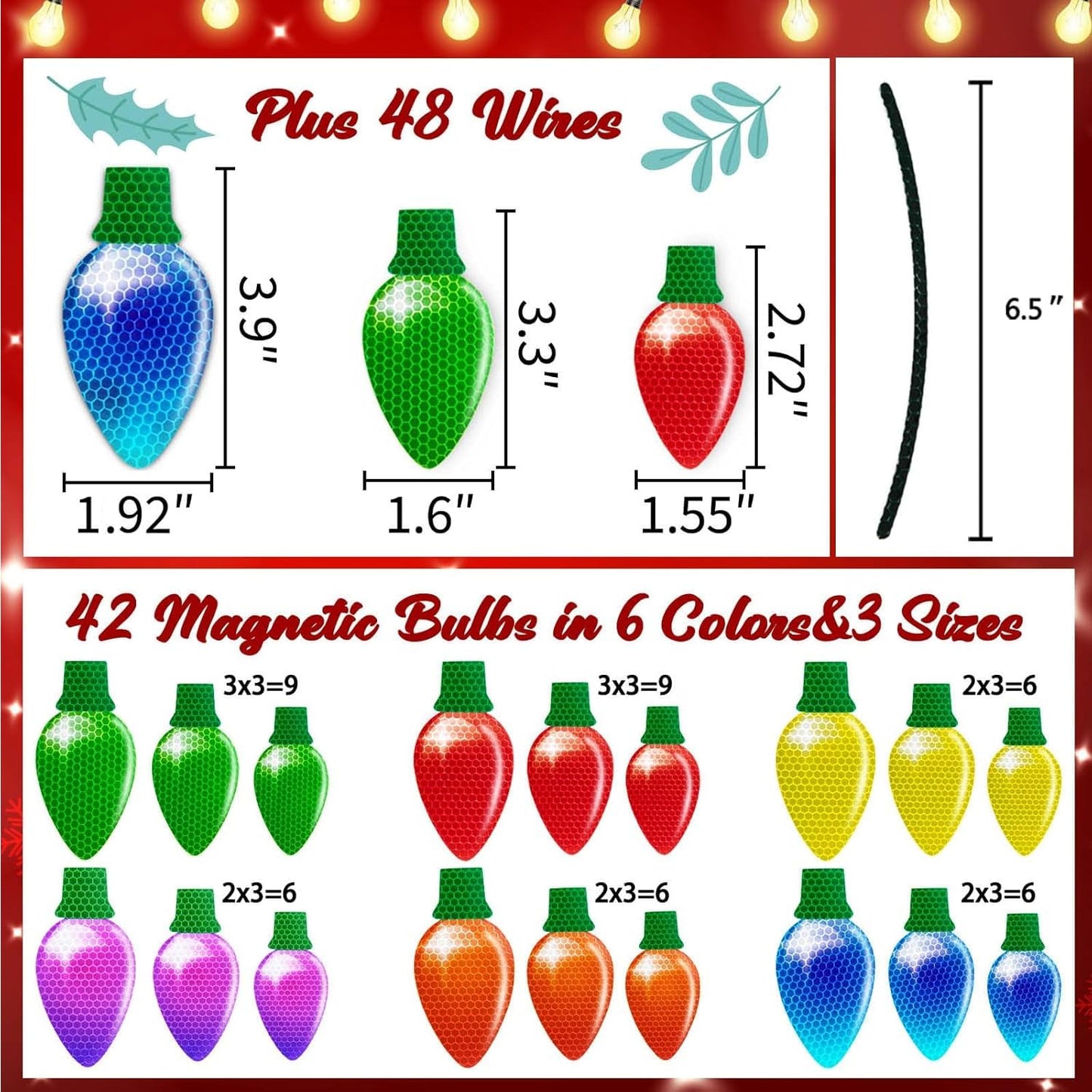 90PCS Christmas Car Refrigerator Decorations - 42 Reflective Bulb Light Shaped Magnets 48 Magnetic Wires Ornaments Set Xmas Holiday Cute Decor