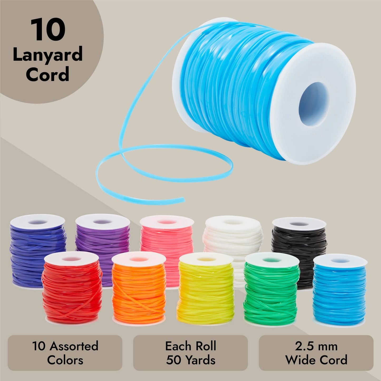 Juvale Lanyard String Kit - Neon Plastic Lacing Cord & Gimp String for Bracelets - Plastic Cord & Boondoggle Kit for Keychains - 10 Spools, 50 Yd Each, 2.5 mm x 1 mm, Rainbow