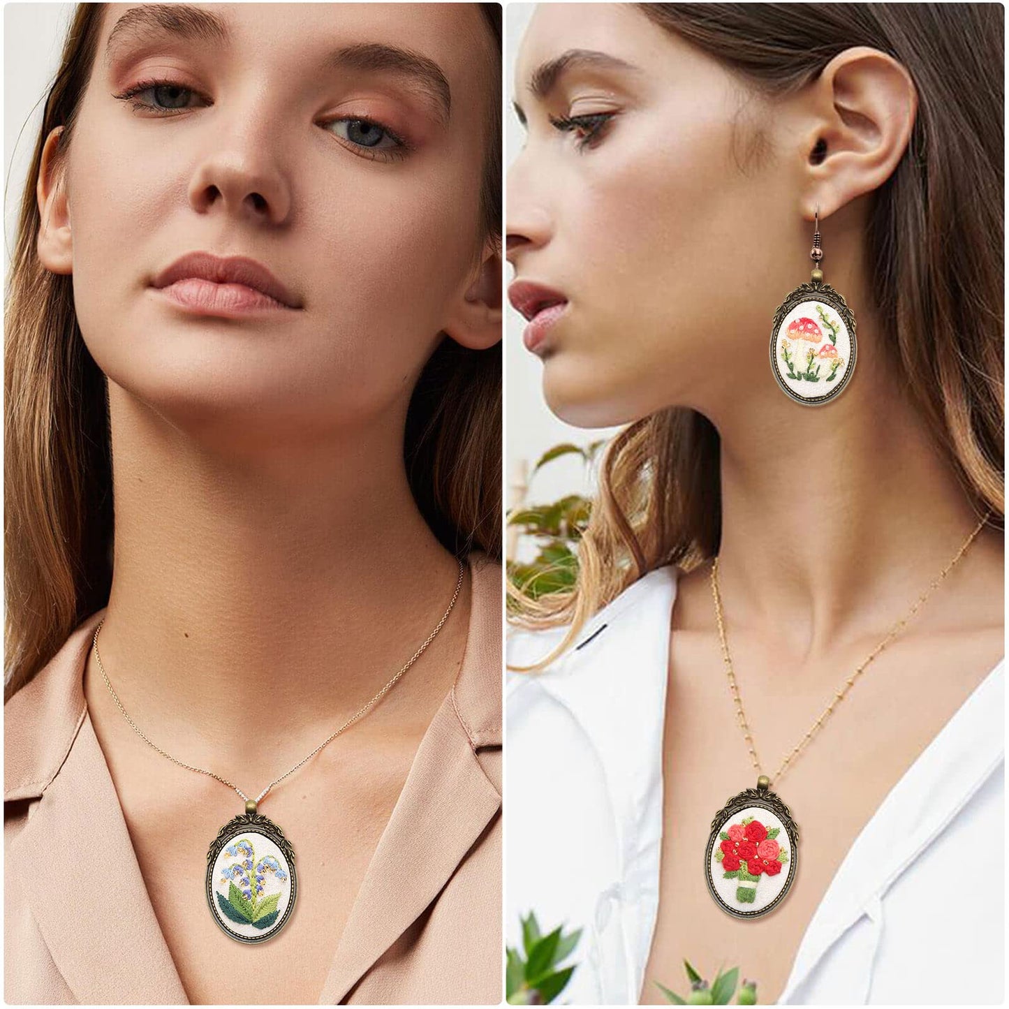 ZOCONE 3 Packs Embroidery Necklace Kit, Embroidery Pendant Kits Mini Cross Stitch Kit with Hoop, Necklace, Pendant, Beads, Stamped Pattern Cloth, Instructions, etc., Embroidery Kits for Adults