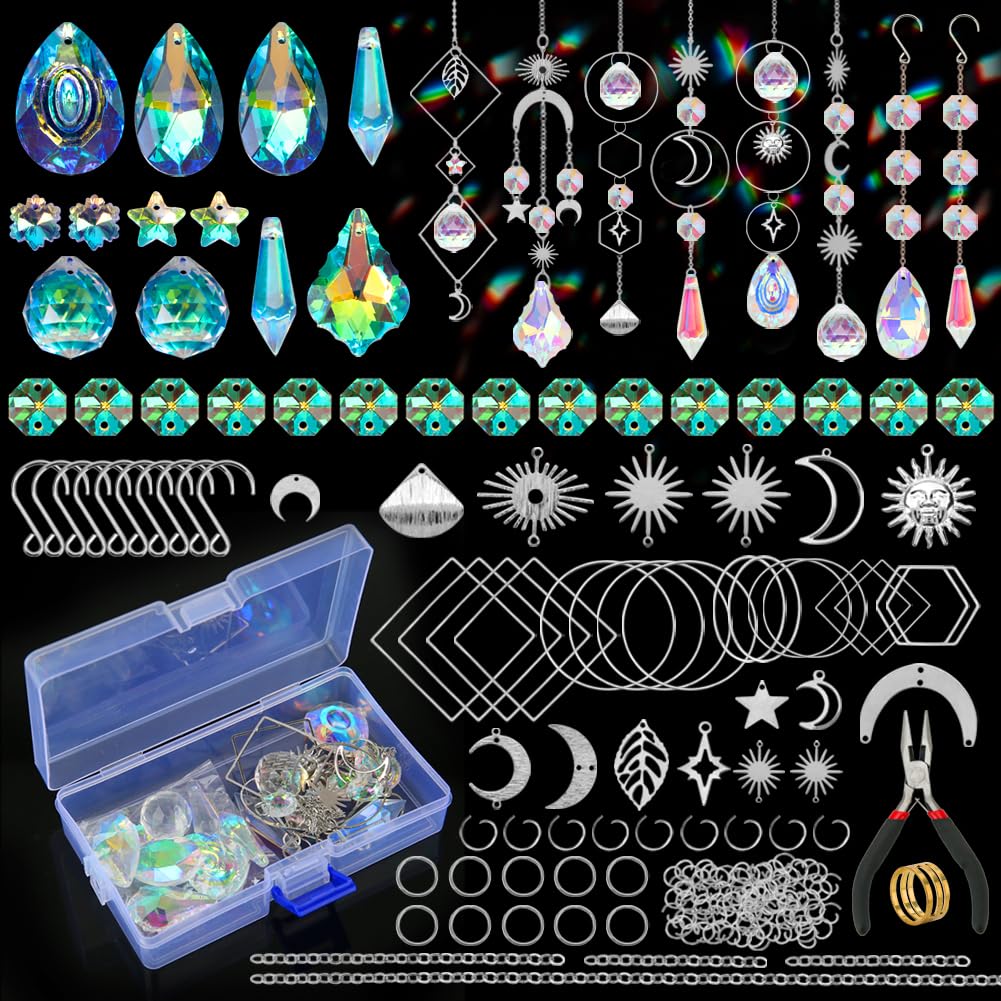 HYBEADS 200 Pcs DIY Suncatcher Making Kits for Adults Crystal Sun Catchers Crafts with Hooks Chains Pendants Rainbow Maker for Window Hanging Prism Indoor Outdoor Garden Xmas Wedding Party Decor