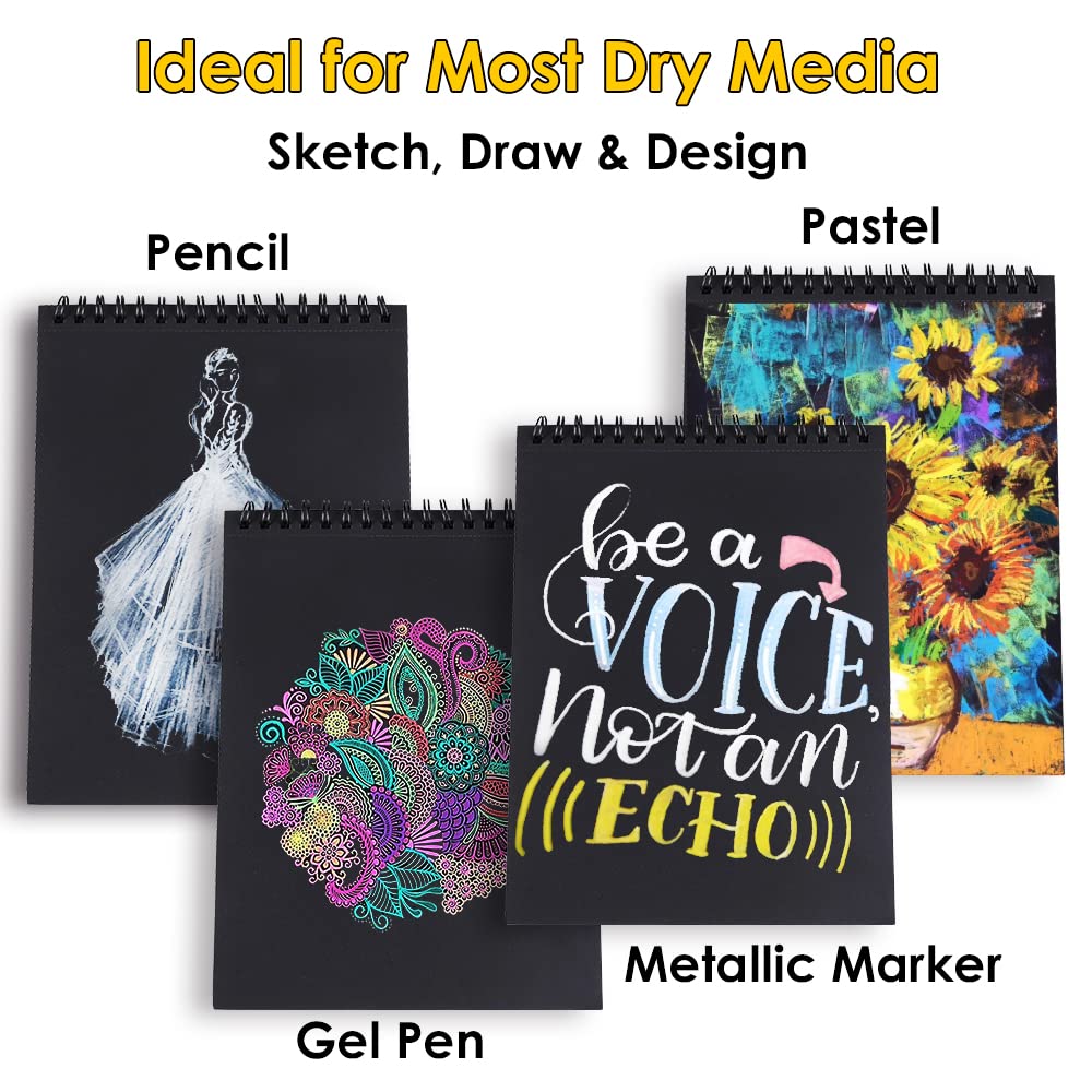 Dyvicl Black Paper Pad 5.5"x8.5" Sketch Book, 35 Sheets (90 lb/150gsm), Spiral Black Sketchbook Drawing Paper for Pencil, Pastel, White Ink Gel Pen, Charcoal, Chalk, Metallic Marker, Paint Pen