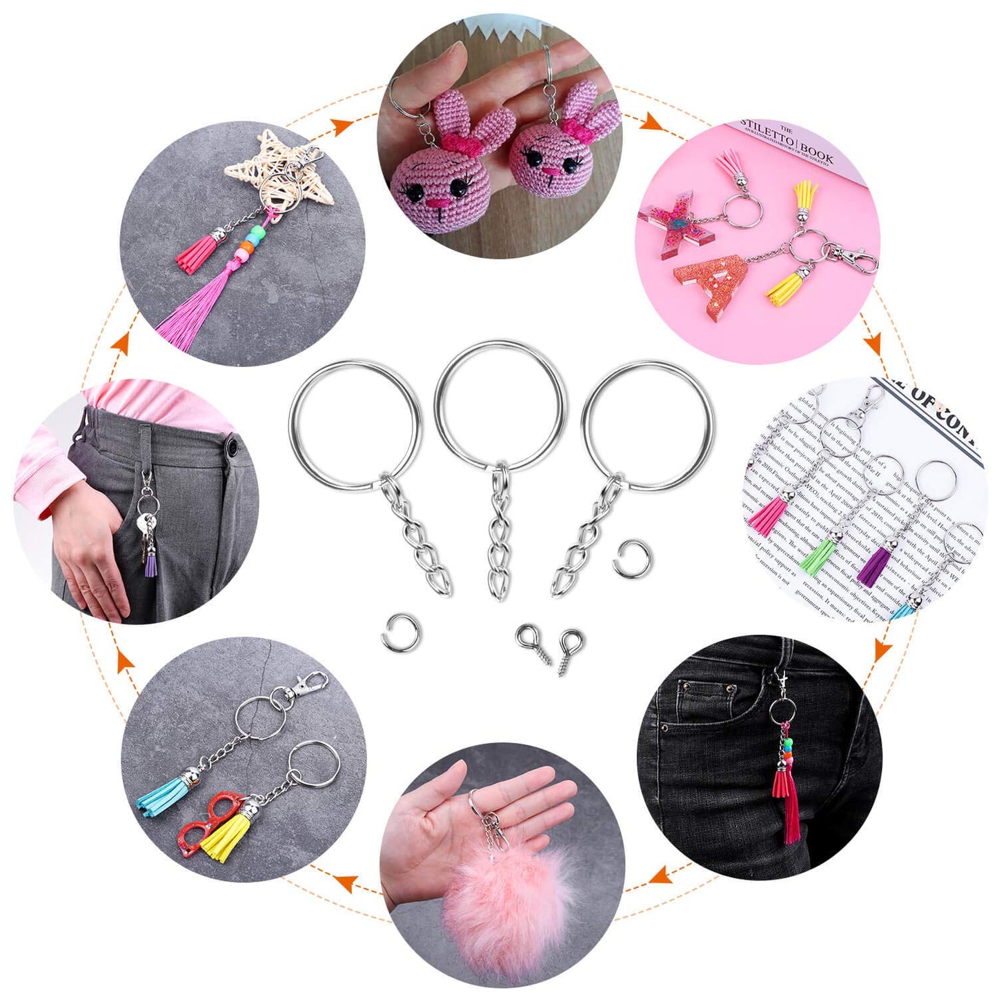 Audab 360Pcs Keychain Bulk, 120Pcs Keychain Rings with Chain and Open Jump Ring with Screw Eye Pins for Crafts and Jewelry Making