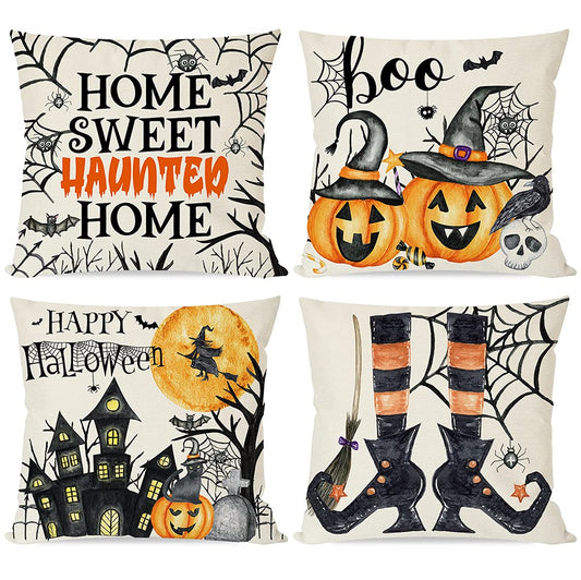 Happy Halloween Pillows Covers 18x18 Set of 4 for Fall Decorations, Watercolor Haunted House Witch Hat Legs, Spooky Orange and Black Decorative Throw Pillow Cases Indoor Outdoor Decor
