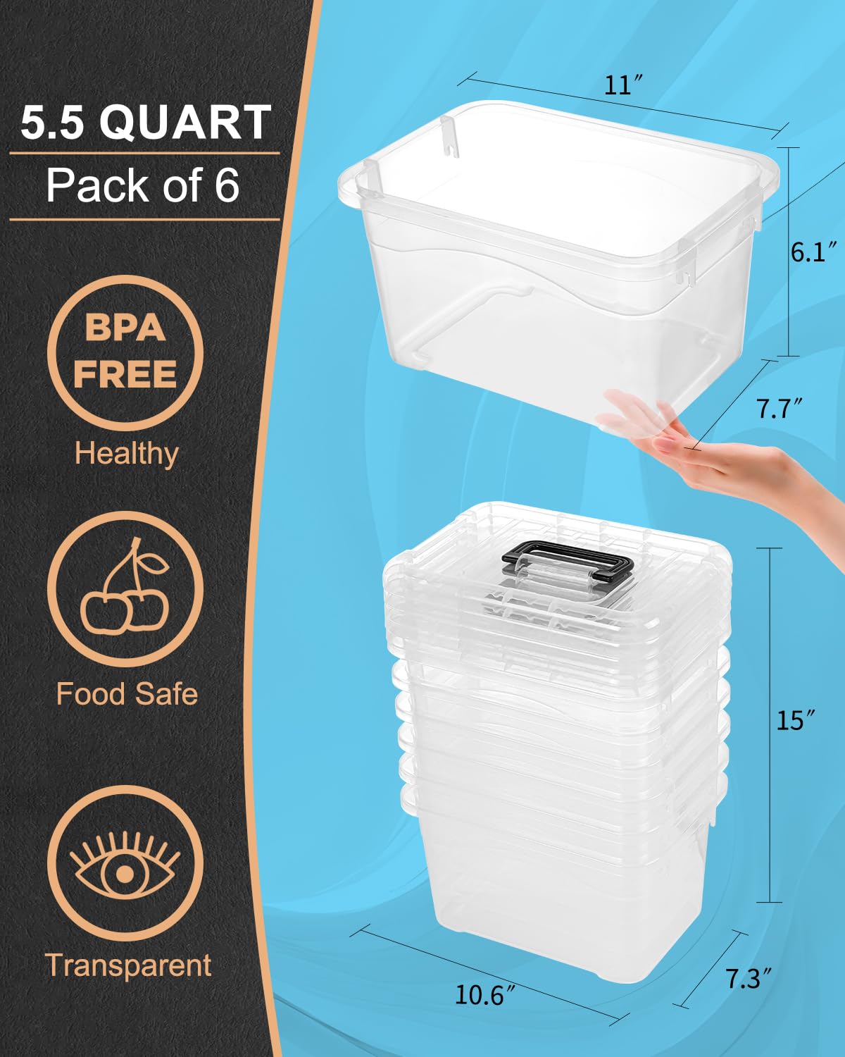 EOENVIVS Plastic Storage Bins with Lids 6 Packs, 7 Quart Storage Organizer Bins with Buckle-Up Latches and Handle, Stackable Storage Containers for Home Pantry Office Classroom Organization, Clear