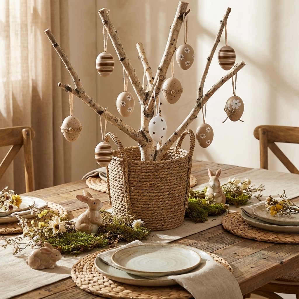 12Pcs Plastic Easter Eggs Ornaments Tree Decoration, 2" Neutral Beige White Easter Eggs Bulk, Shatterproof Decorative Hanging Decorations for Spring Holiday Party Decor