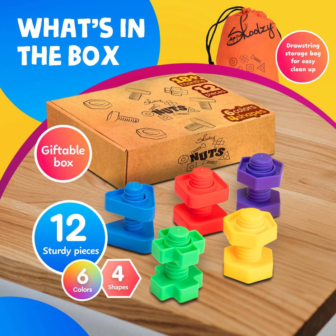 Skoolzy 12 Pc Jumbo Nuts and Bolts - Montessori Set for 18 Month+ Kids – Travel & Motor Skills Development
