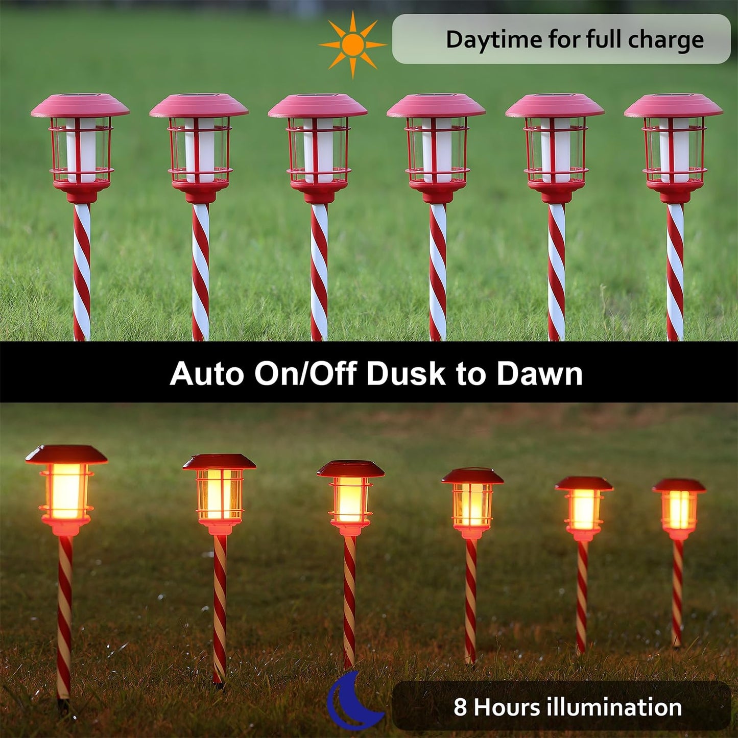 Dynaming 6 Pack Christmas Solar Flame Garden Lights Outdoor, Dual Use Flickering Flame Torch Candy Cane Pathway Marker, Xmas Hanging Lantern Lights, Waterproof & Auto On/Off for Patio Walkway Driveway