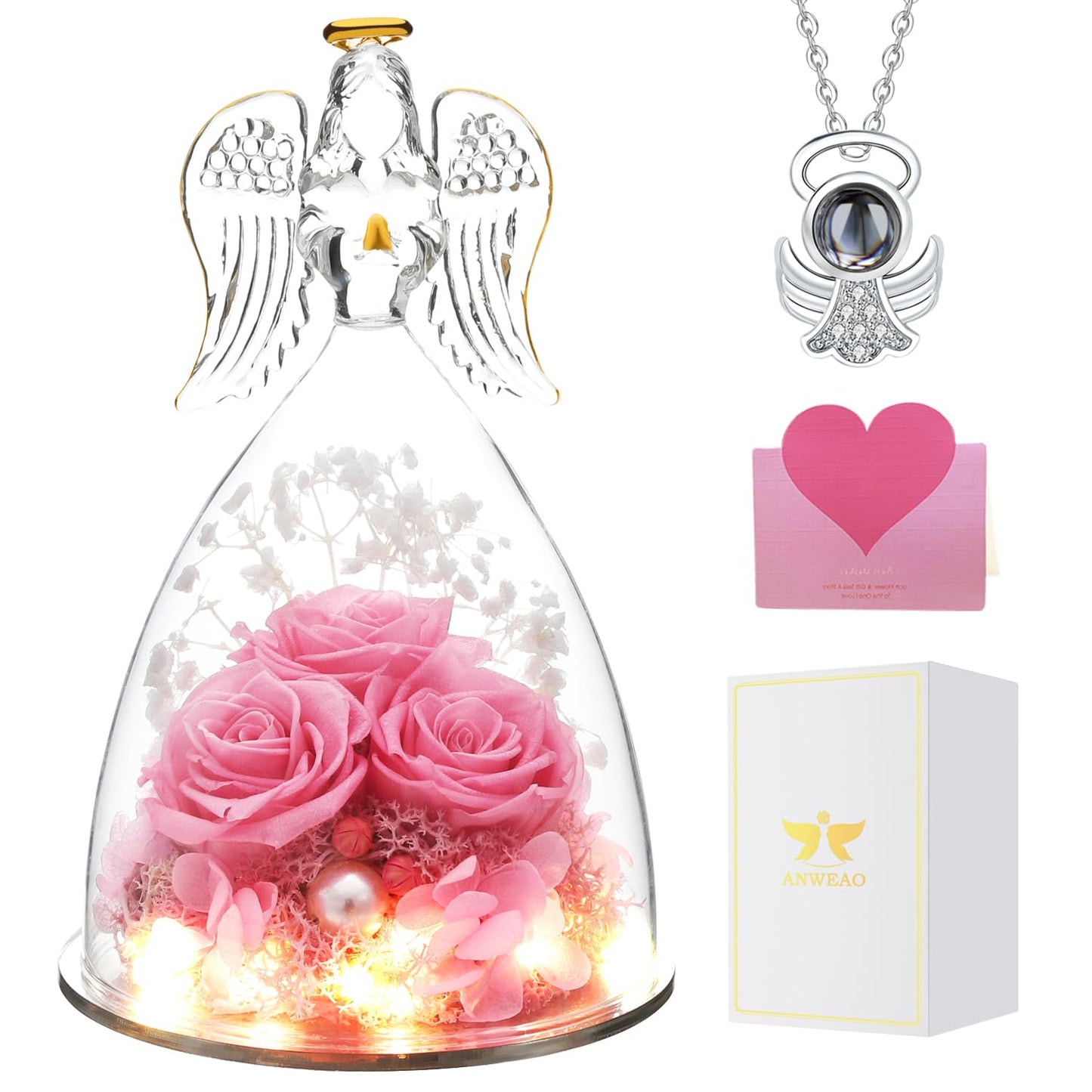Gifts for Mom Birthday Gifts for Women,Preserved Flowers Rose in Glass Angel Figurines Flowers for Delivery,Preserved Three Red Rose with Lights,Birthday for Mom Women Grandma Wife