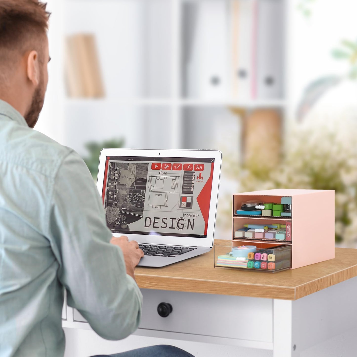 LETURE Desk Organizer with 4 Drawers, Clear Plastic Desk Storage Box, Desktop Organization for Office Supplies, Gel Pens, Pencils, Markers, Tape, Erasers, Paperclips, Chargers (Pink w 3Draws)