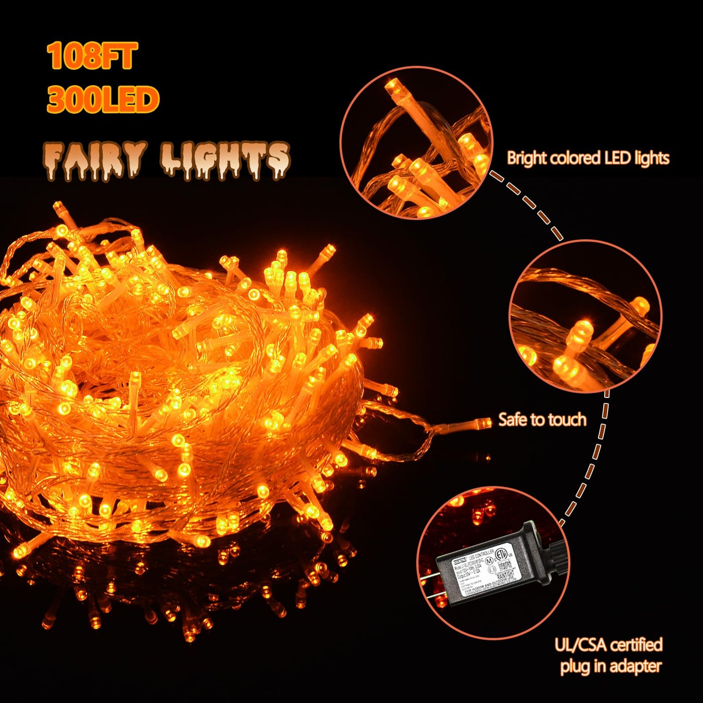 ILLUMINEW 300 Led Orange Outdoor String Lights Waterproof Halloween Decorations, 108 Ft Thanksgiving Decor Lights 8 Modes Plug in Fairy Lights for Bedroom Yard Wedding Room Decor