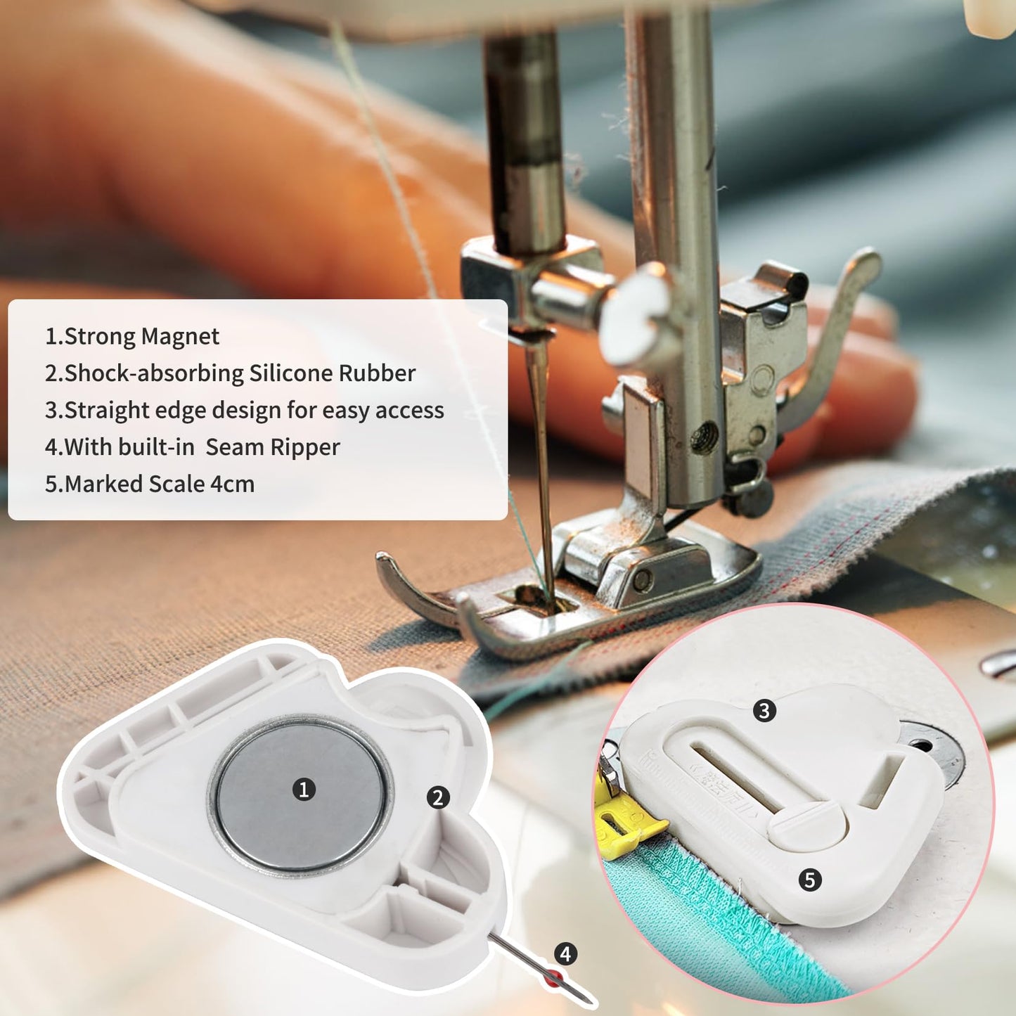 TOOVREN Magnetic Seam Guide for Sewing Machine with Seam Ripper Thread Remover Tool Multifucntional Magnetic Sewing Guide Hemmer with Scale Universal Sewing Supplies and Accessories(White)