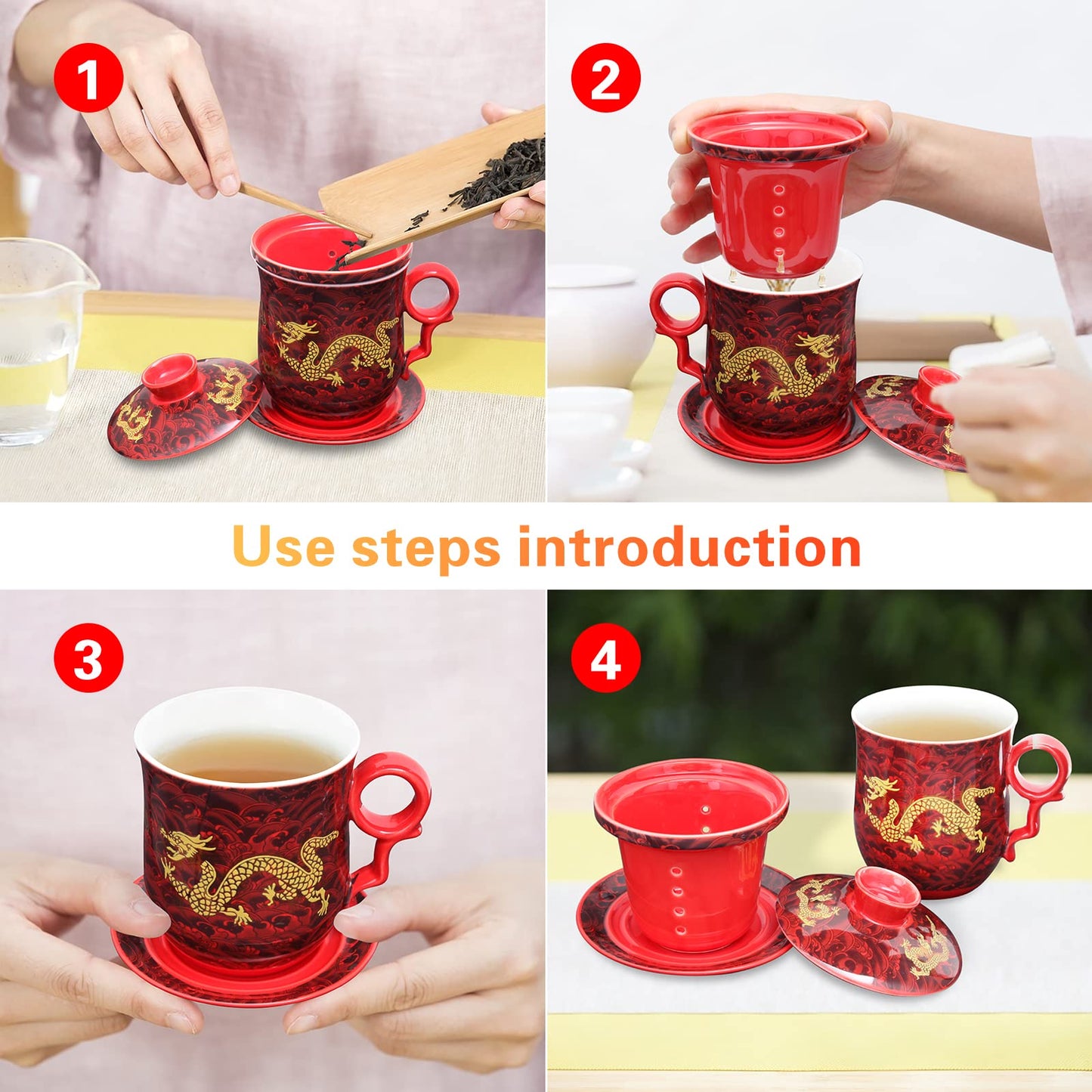 Chinese Dragon Pattern Tea-Mug with Strainer Infuser and Lid and Saucer Ceramic Tea Mug Convenient System Chinese Porcelain Personal Tea Cup 13.5 oz(380ml) - RED, TC400