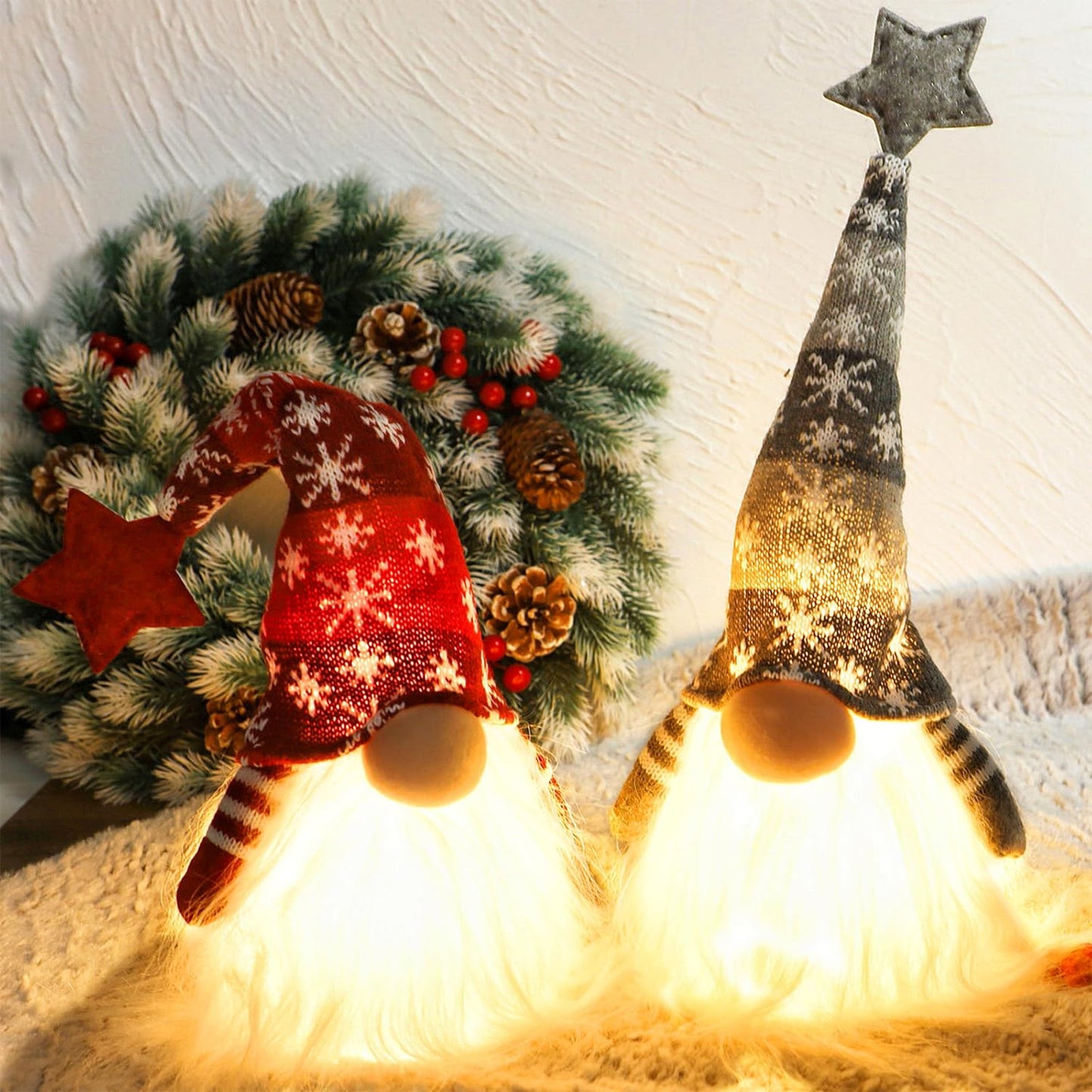 15" Lighted Christmas Gnome, Handmade Plush Scandinavian Swedish Tomte, Light Up Elf Toy Holiday Present, Battery Operated Winter Tabletop Christmas Decorations, 2 Set