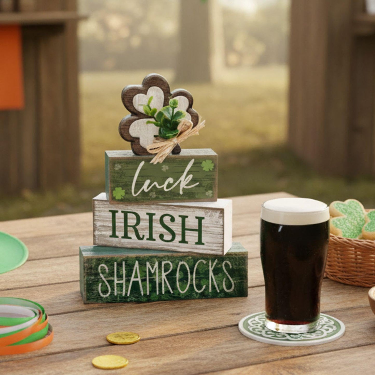4 Pcs St. Patrick's Day Table Decorations Wooden Shamrocks Green Lucky St. Patrick Tiered Tray Decor Farmhouse Shamrock Blocks Signs Gifts Irish Themed Centerpiece Decorations for Home Decor