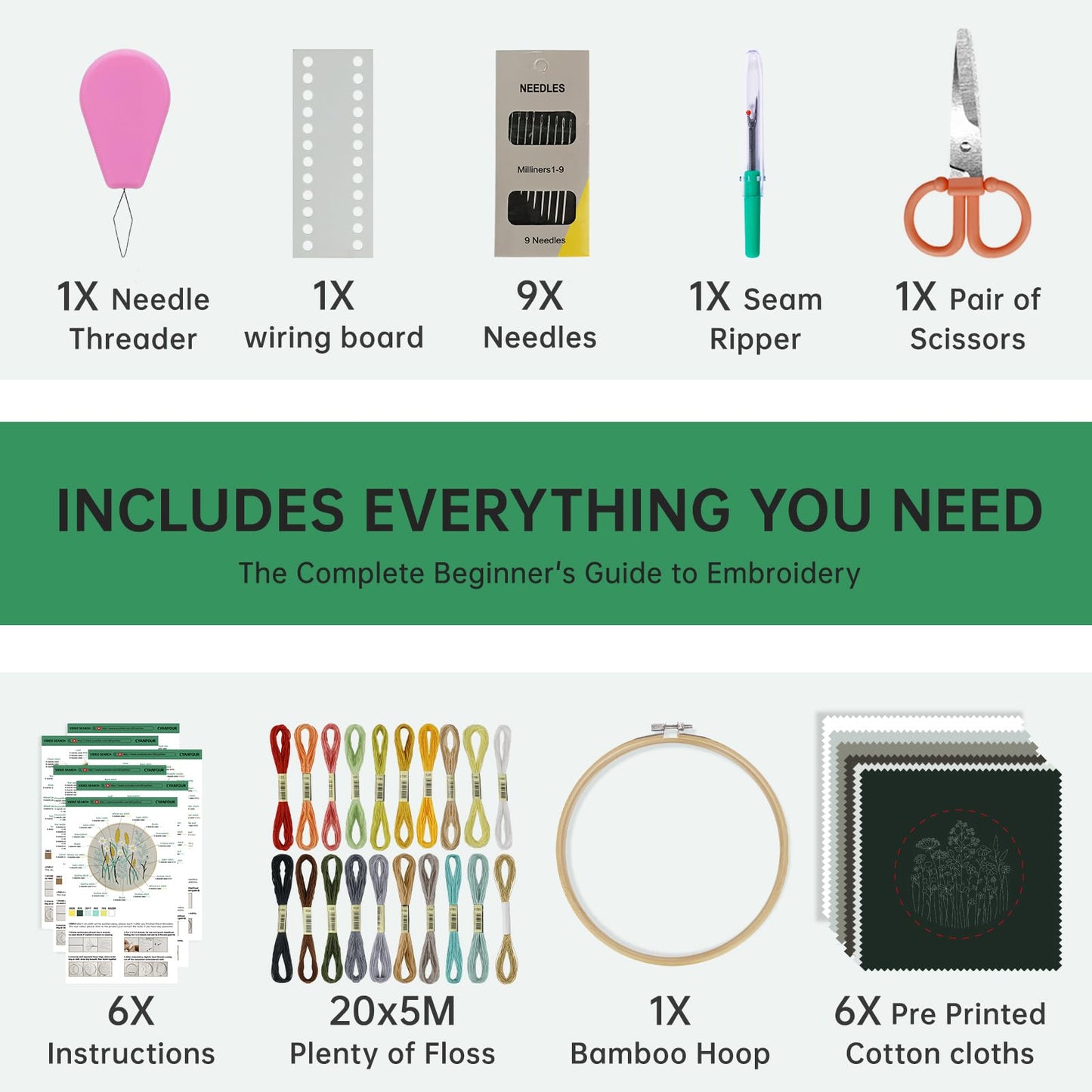 CYANFOUR 6 Stage Embroidery Kit for Beginners Adults, Easy to Learn 38 Different Stitches from Instruction & Video, Needlepoint Kits for Adults with Stamped Embroidery Patterns.