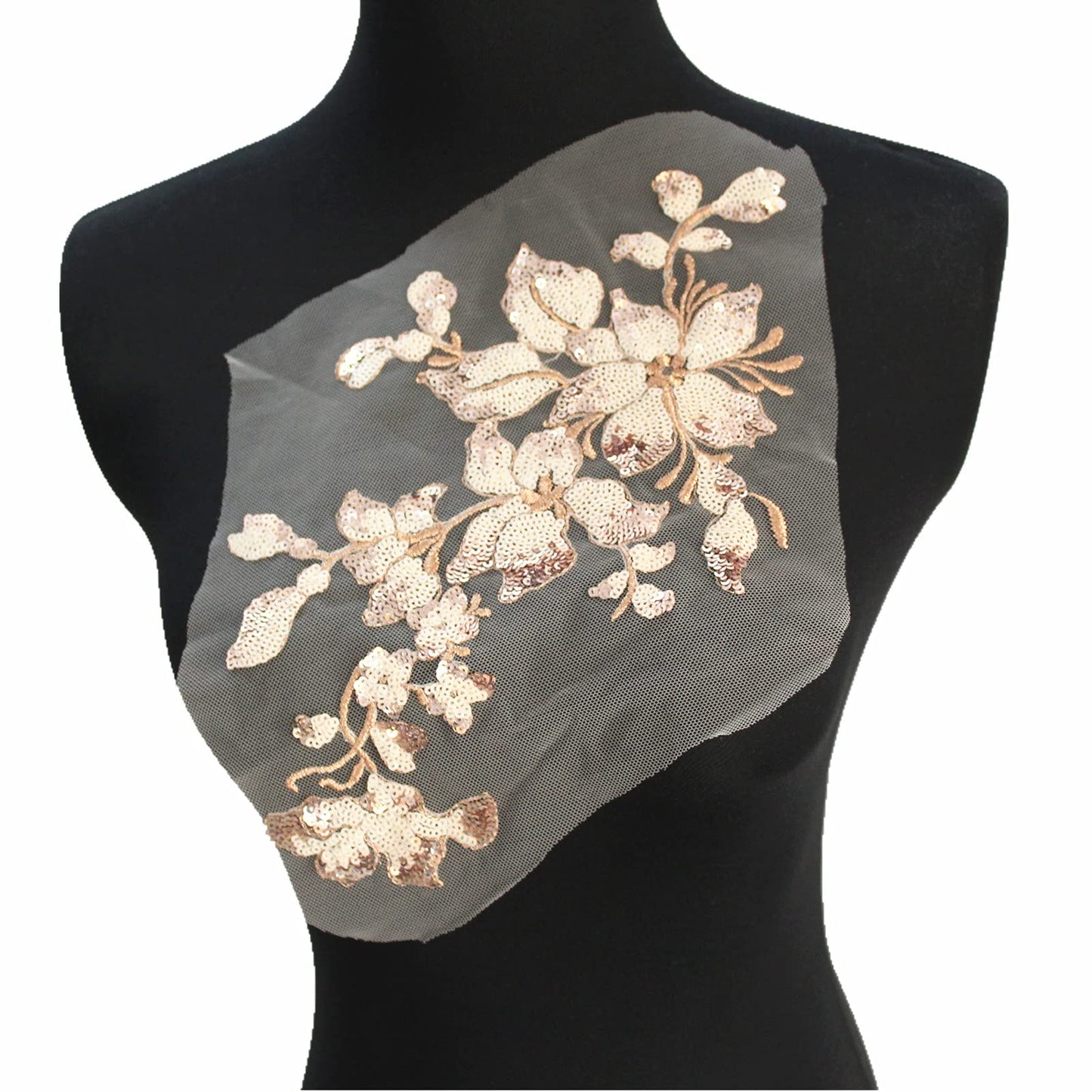 SUNMOVE Embroidery Sequin Lace Applique Sewing Flower Fabric Collar Patch for Wedding Gown Dress Bridal DIY Crafts(Champagne)