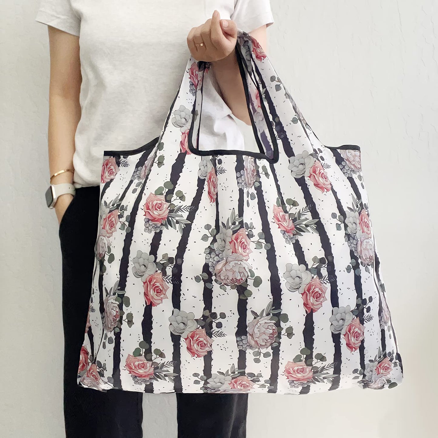 allydrew Large Foldable Tote Nylon Reusable Grocery Bags, Rose & Stripes