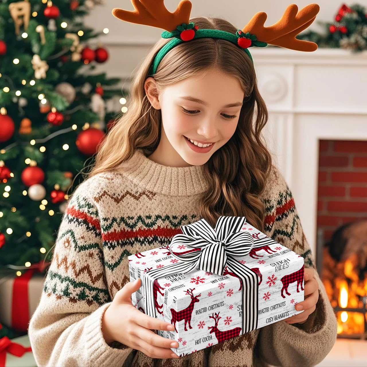 Reversible Christmas Wrapping Paper Roll - Mini Roll - 17 Inch x 33 Feet - Red White Reindeer and Snowflake Wrapping Paper for Christmas, Holiday, Party