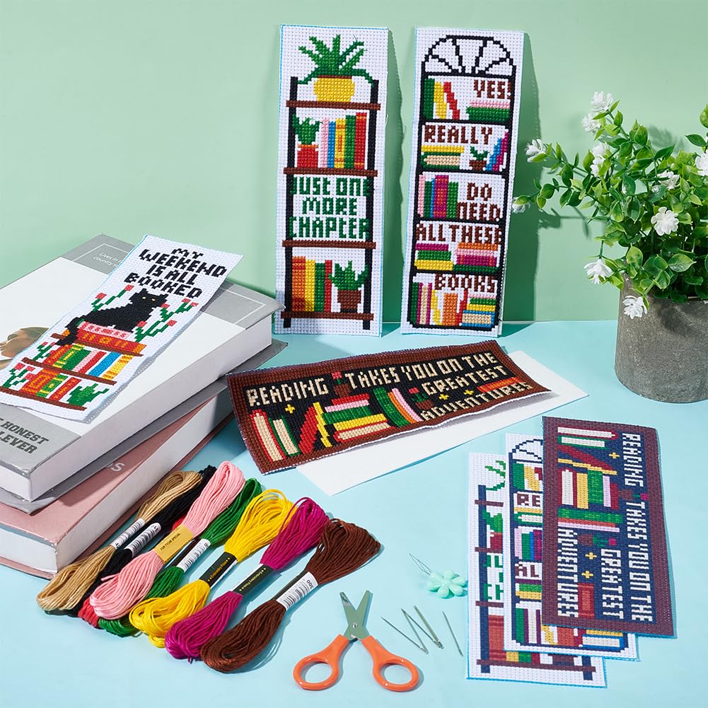 6PCS Cross Stitch Bookmark Kits Bookshelves Words Pattern Counted Cross Stitch Kits for Beginners Adults DIY Stamped Embroidery Bookmarks with Instructions Hand Embroidery Craft Gift