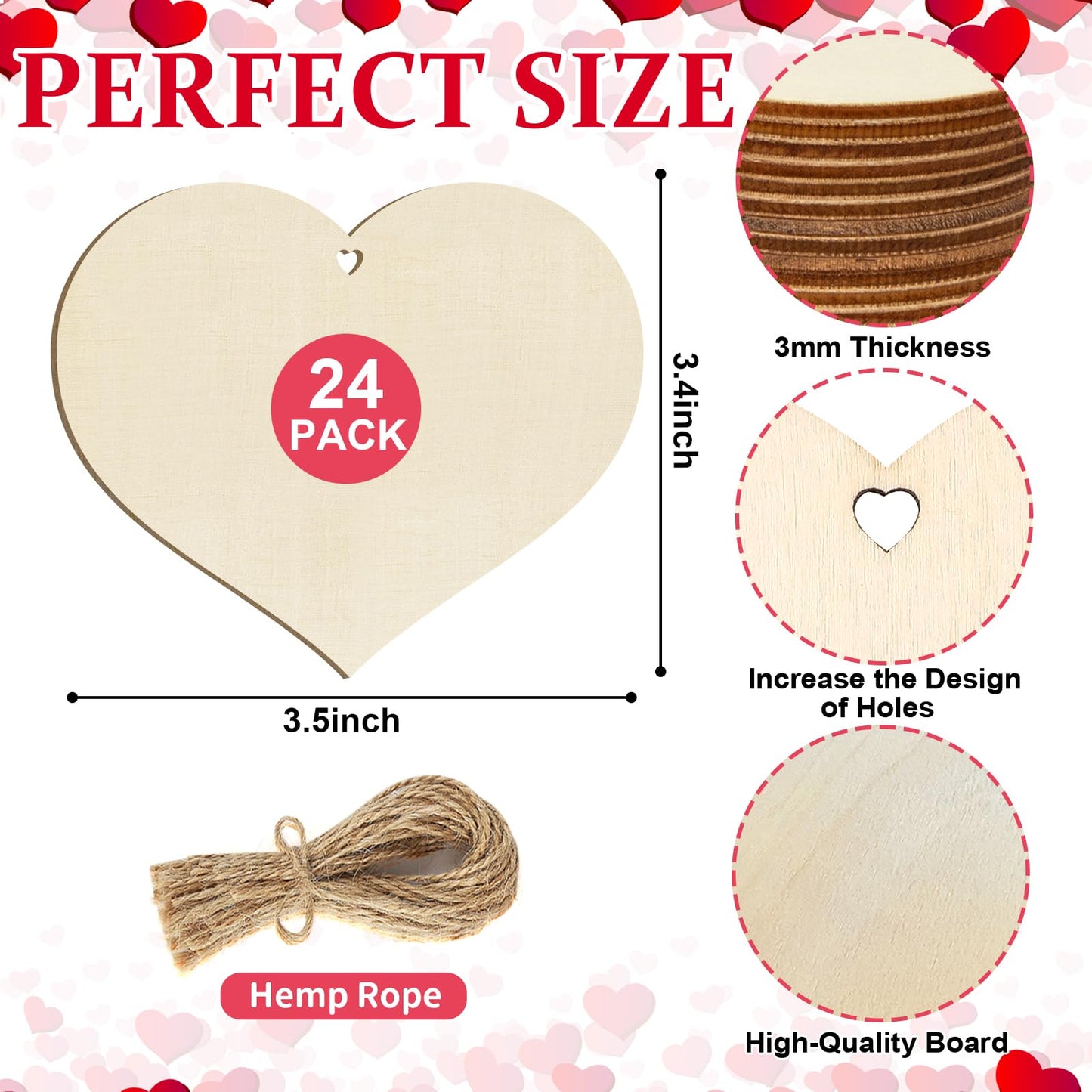 Wooden Heart Ornaments to Paint Mothers Day Decoration Cutouts Unfinished 24PCS 3.5 x 3 inches, DIY Blank Wood Discs Ornament for Home Crafts Hanging Valentine Day Father's Thanksgiving Decoration