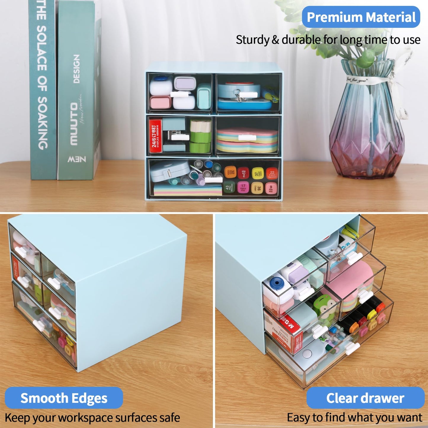 Desk Organizer with 5 Drawers, Rectangular Office Stationery Supplies Desktop Drawers, Plastic Makeup Storage, Suitable for Office, School, Home (Blue & 5 Drawers)