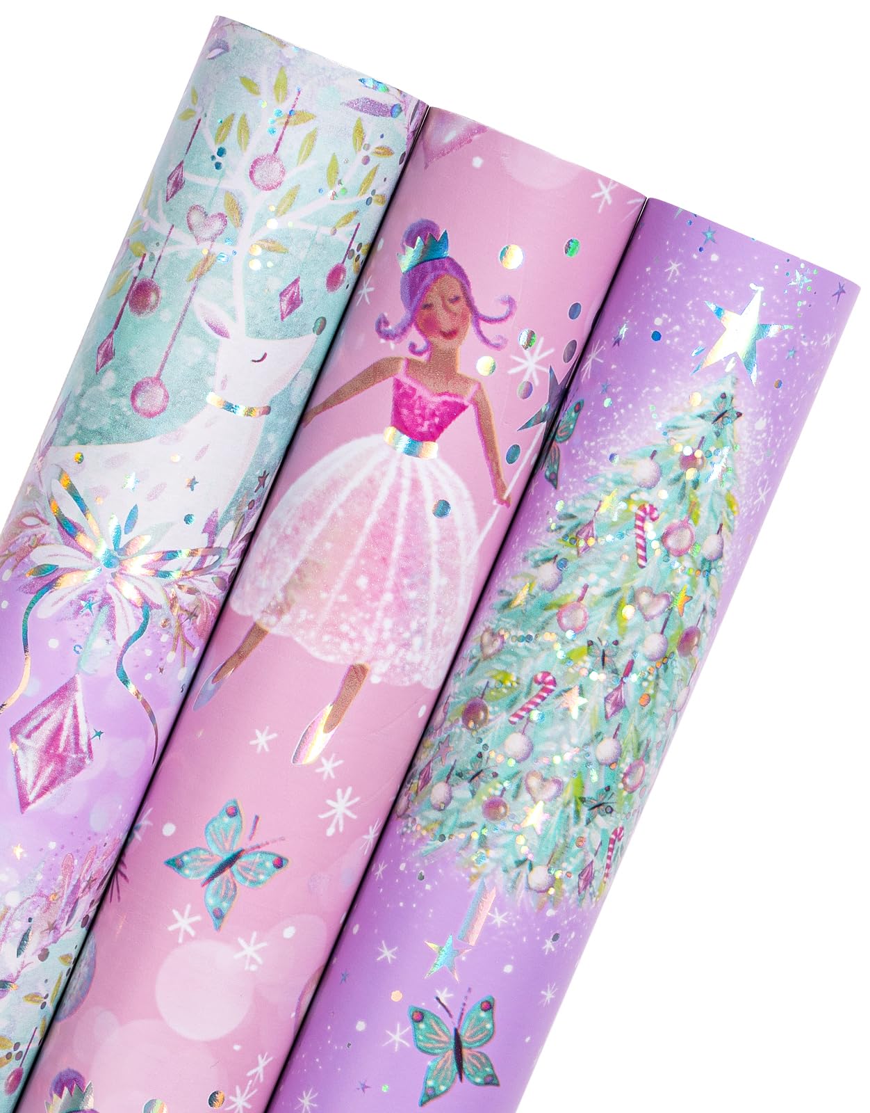 Christmas Wrapping Paper Roll - Mini Roll - 3 Rolls - 17 Inch x 120 Inch Per Roll - Girls Christmas Wrapping Paper - Pastel Purple Holiday Design with Metallic Foil Shine