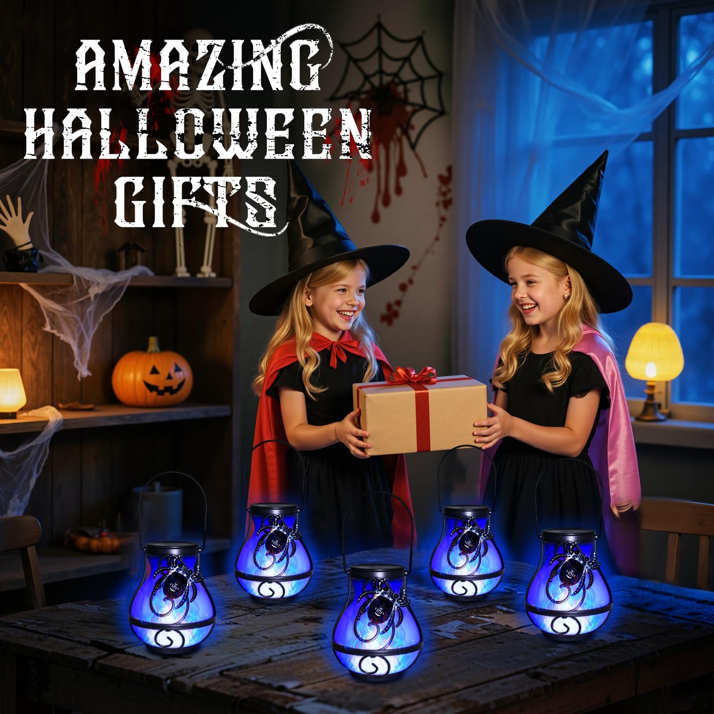 2 Pack Halloween Lights Outdoor Spider Hanging Solar Lantern Flickering Flame Lights Garden Patio Porch Halloween Party Decoration