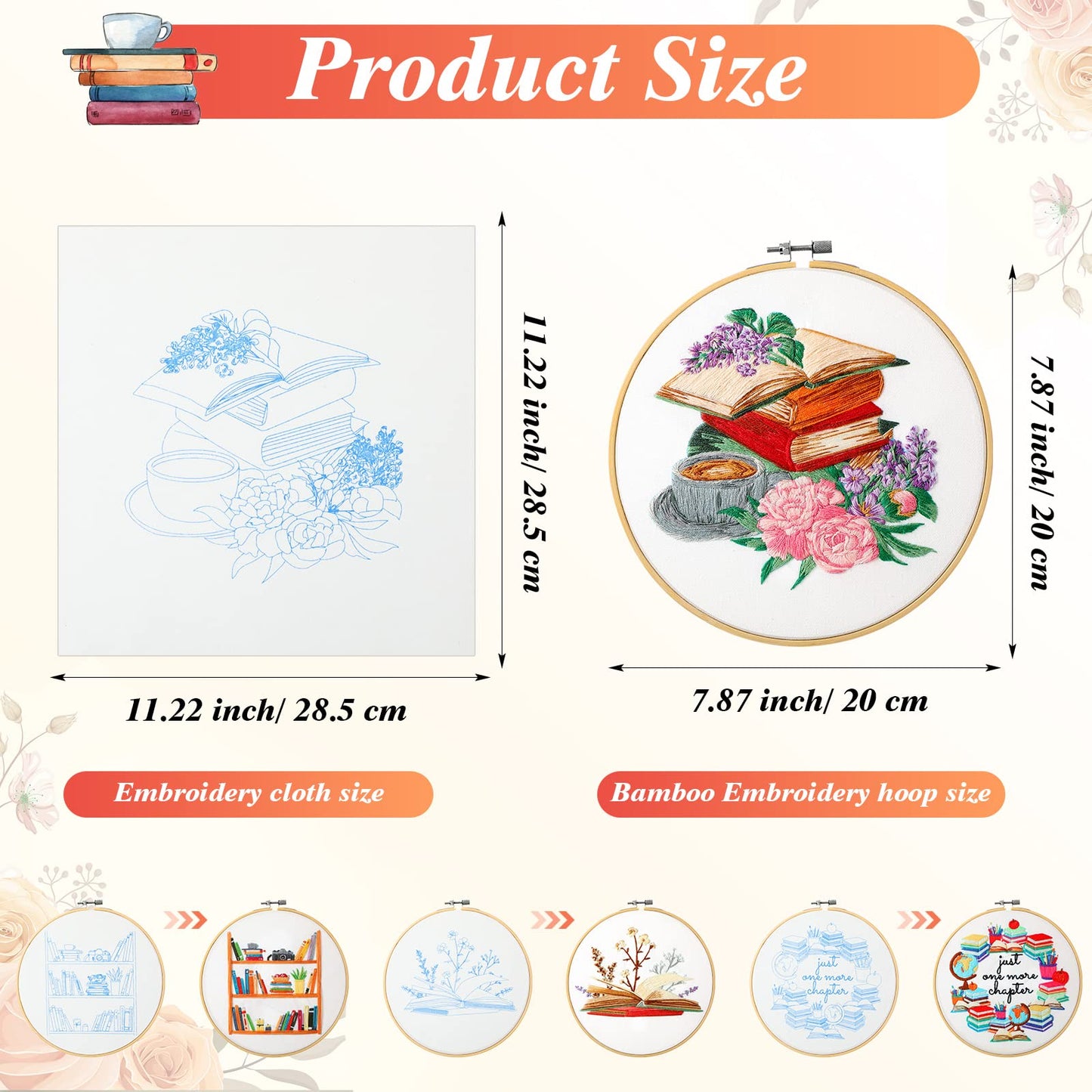 4 Set Embroidery Kit for Beginners Adults Book Lovers Funny Cross Stitch Embroidery Kit with Bamboo Hoops Needles Threads Instructions Needle Threader(Classic)