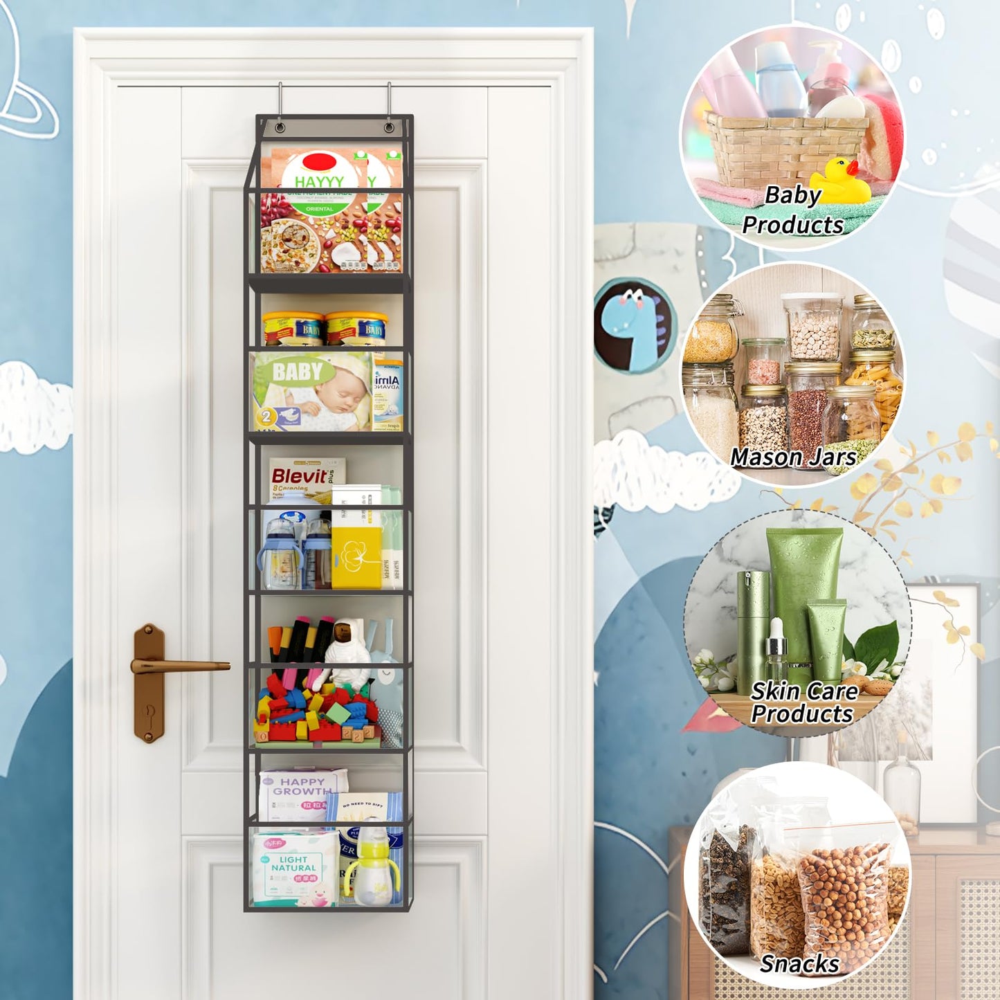The Door Hanging Pantry Organizer 5-Shelf Room Organizer with Clear Plastic Pockets Behind The Door Storage Organizer Large Capacity Organizer for Closet Bedroom Bathroom (Grey)