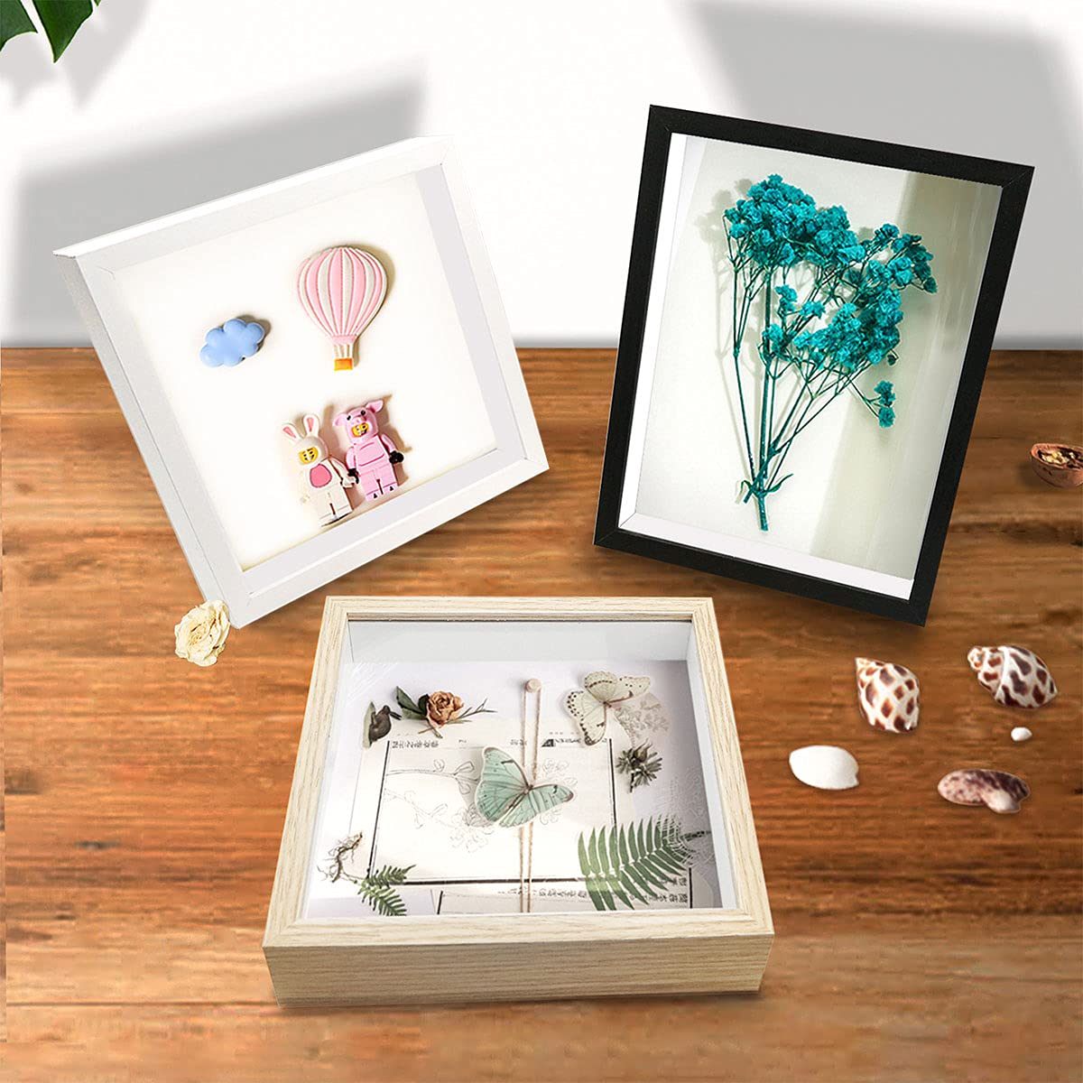 8x8 Shadow Box Frame Display Case, Wood with Plexiglass, Display Case Box for Memorabilia, Medal, Crafts,Tickets and Photos, Picture Frame for Wall and Tabletop (Black, 8x8)