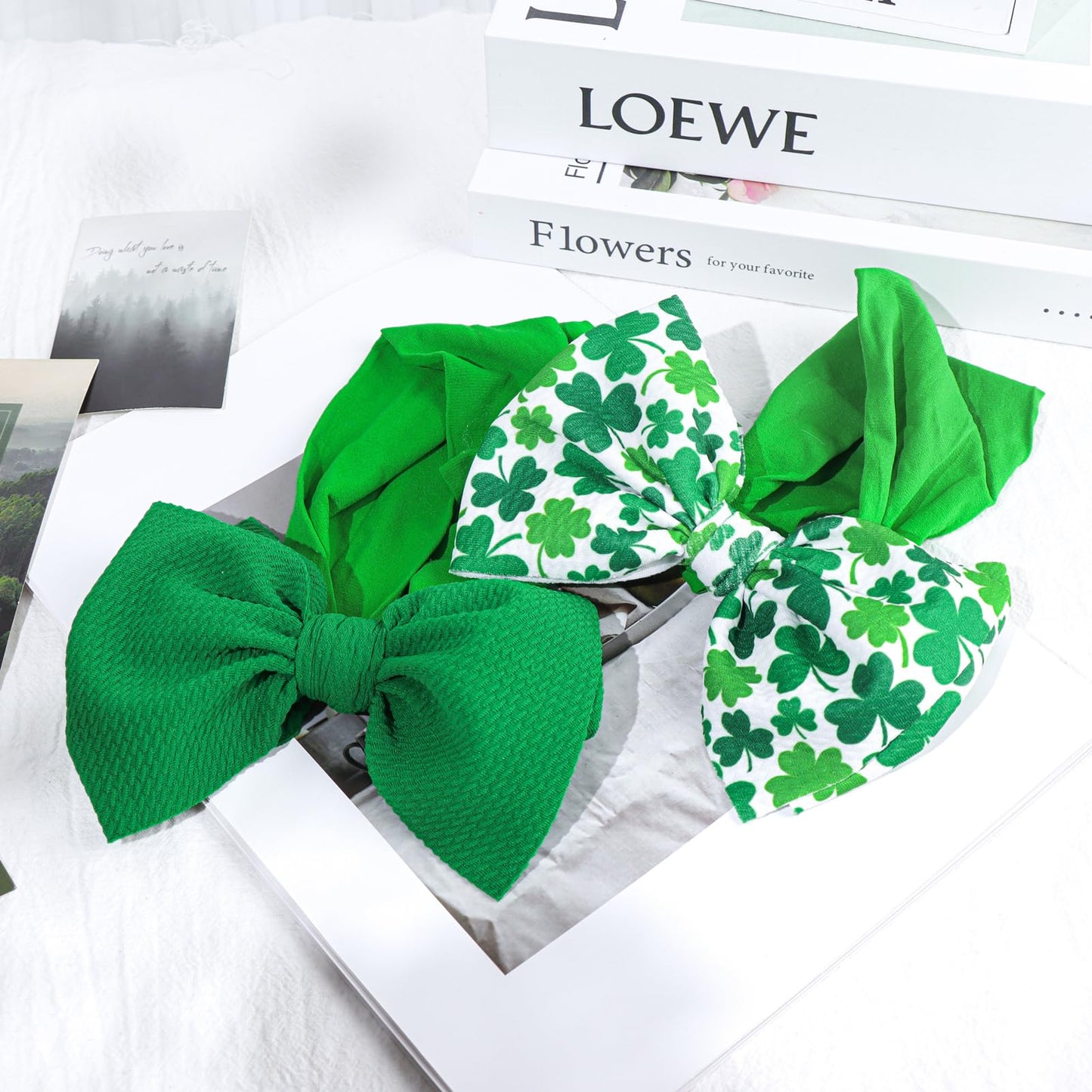 St.Patrick's Day Hair Accessories for Infant Baby Girls, Green Headbands with Bows, Shamrock Print, Nylon Hairbands, 2 Count