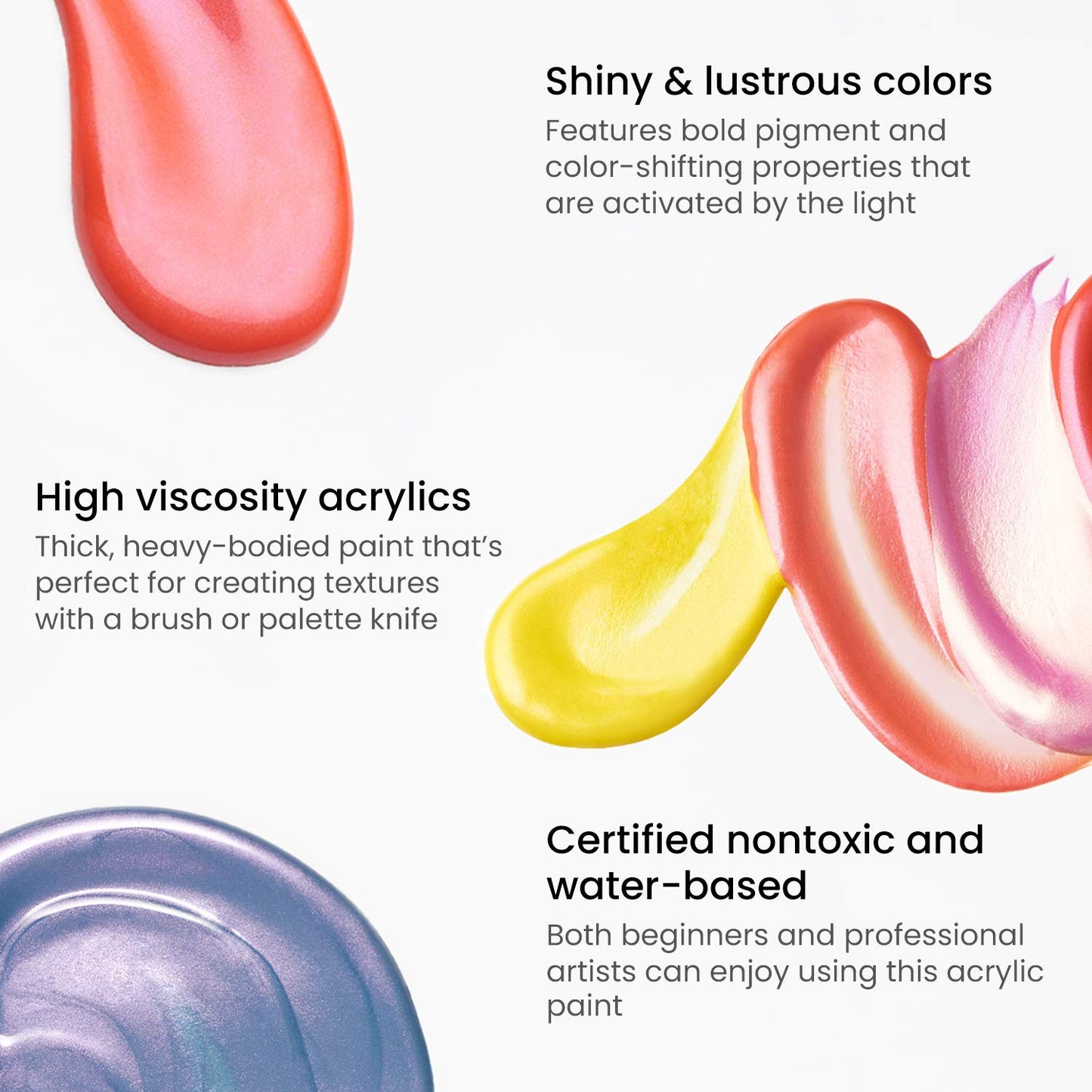 ARTEZA Iridescent Acrylic Paint Set, 10 Galaxy Tones, 60 ml / 2 fl oz Bottles, Shimmer Water-Based Paints for Canvas, Wood, Rocks, Fabric, Paper, and Mixed Media