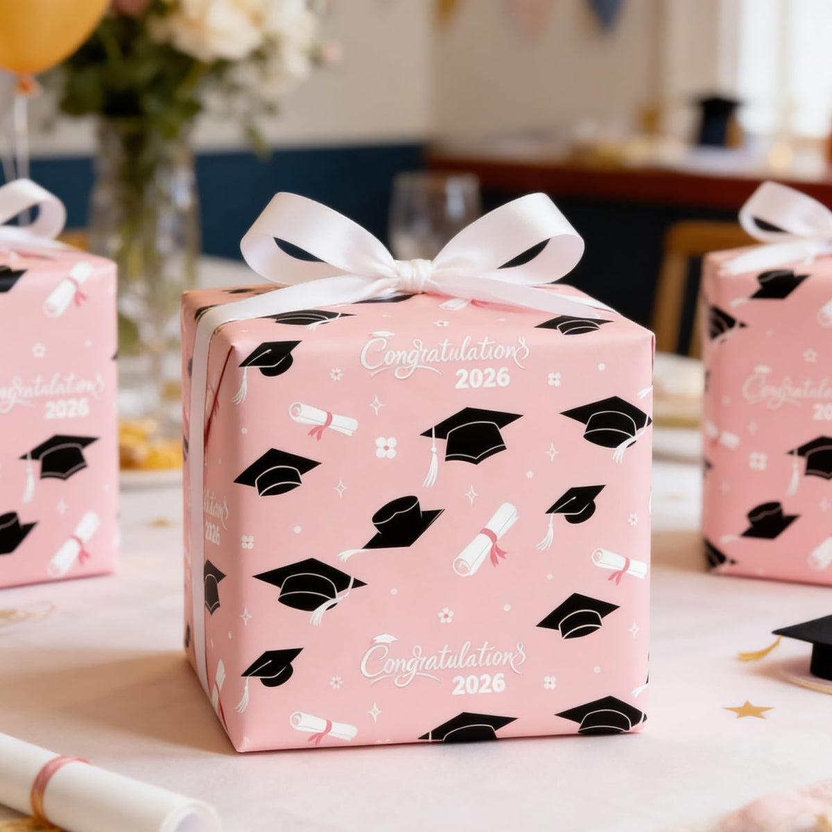 Cuitpan 2026 Graduation Wrapping Paper - 4 Jumbo Sheets,28x40 Inches, Pink Cap & White Diploma Design, Gift Wrap for Graduates, Graduation Parties, Seniors, School Events
