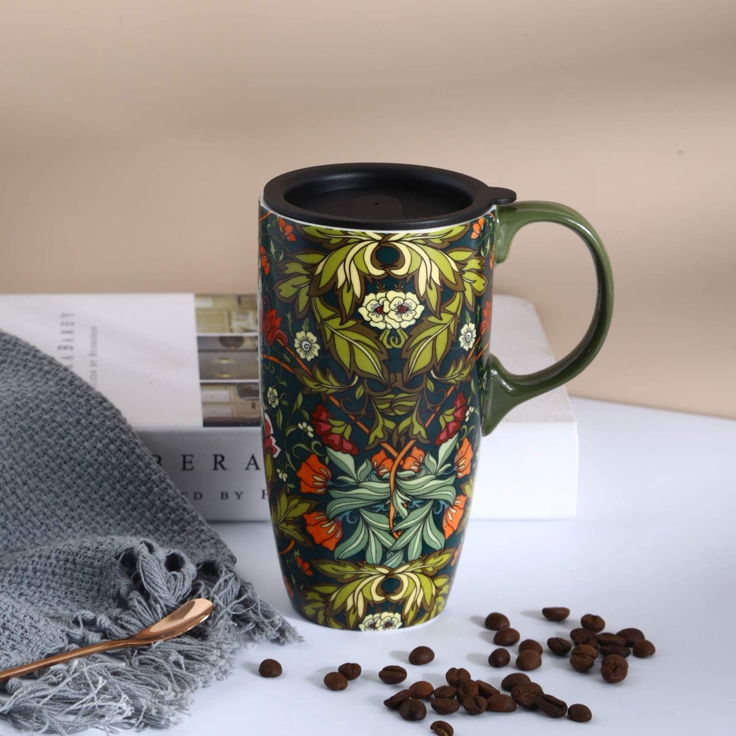Coffee Ceramic Mug Porcelain Latte Tea Cup With Lid 17oz. Green