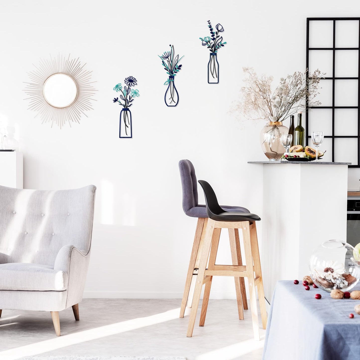 3 Pieces Metal Flowers Wall Arts - Rustic Farmhouse Style Décor Metal Wall Art Black Minimalist Flower Natural Themed Wall Decors for Home Bedroom Dining Room Housewarming (Blue)